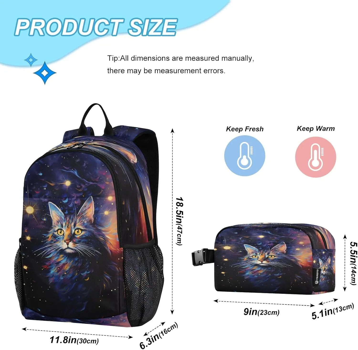 Starry Sky Cat Backpack for Kids Lightweight Travel Schoolbags with Lunch Box Set, A01E23037