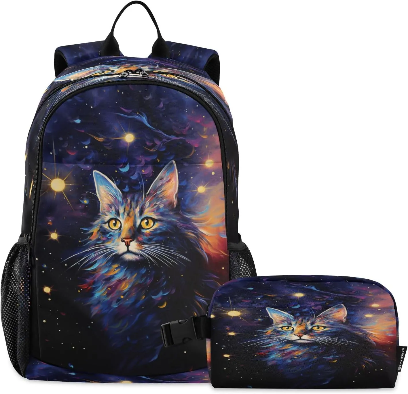 Starry Sky Cat Backpack for Kids Lightweight Travel Schoolbags with Lunch Box Set, A01E23037
