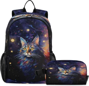 Starry Sky Cat Backpack for Kids Lightweight Travel Schoolbags with Lunch Box Set, A01E23037