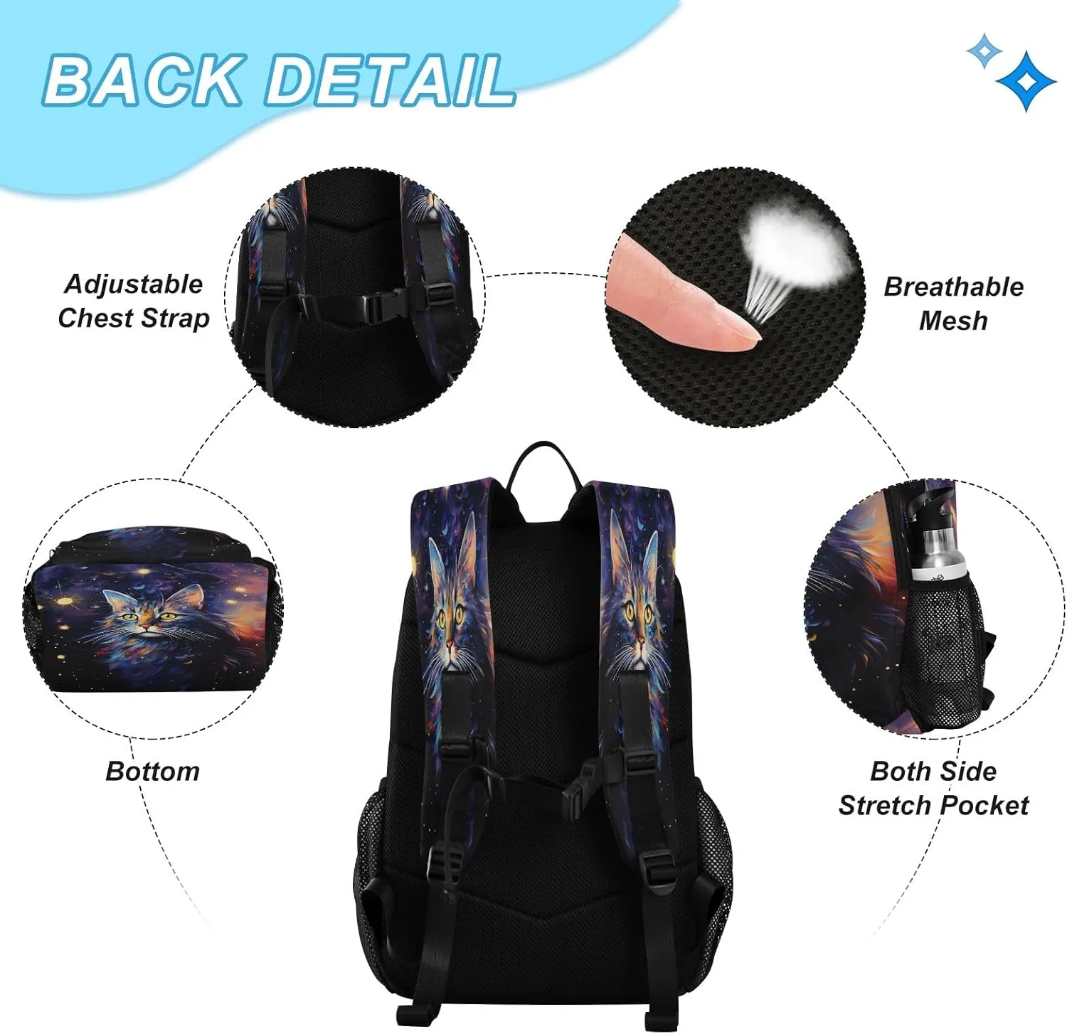 Starry Sky Cat Backpack for Kids Lightweight Travel Schoolbags with Lunch Box Set, A01E23037