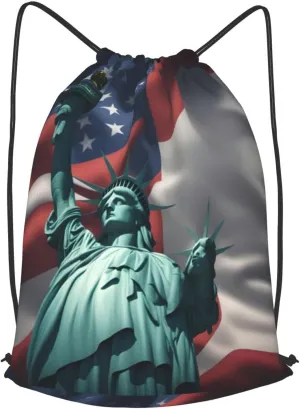 Statue Of Liberty Flag Drawstring Backpack String Cinch Bag Polyester Sackpack For Fitness Training Workout