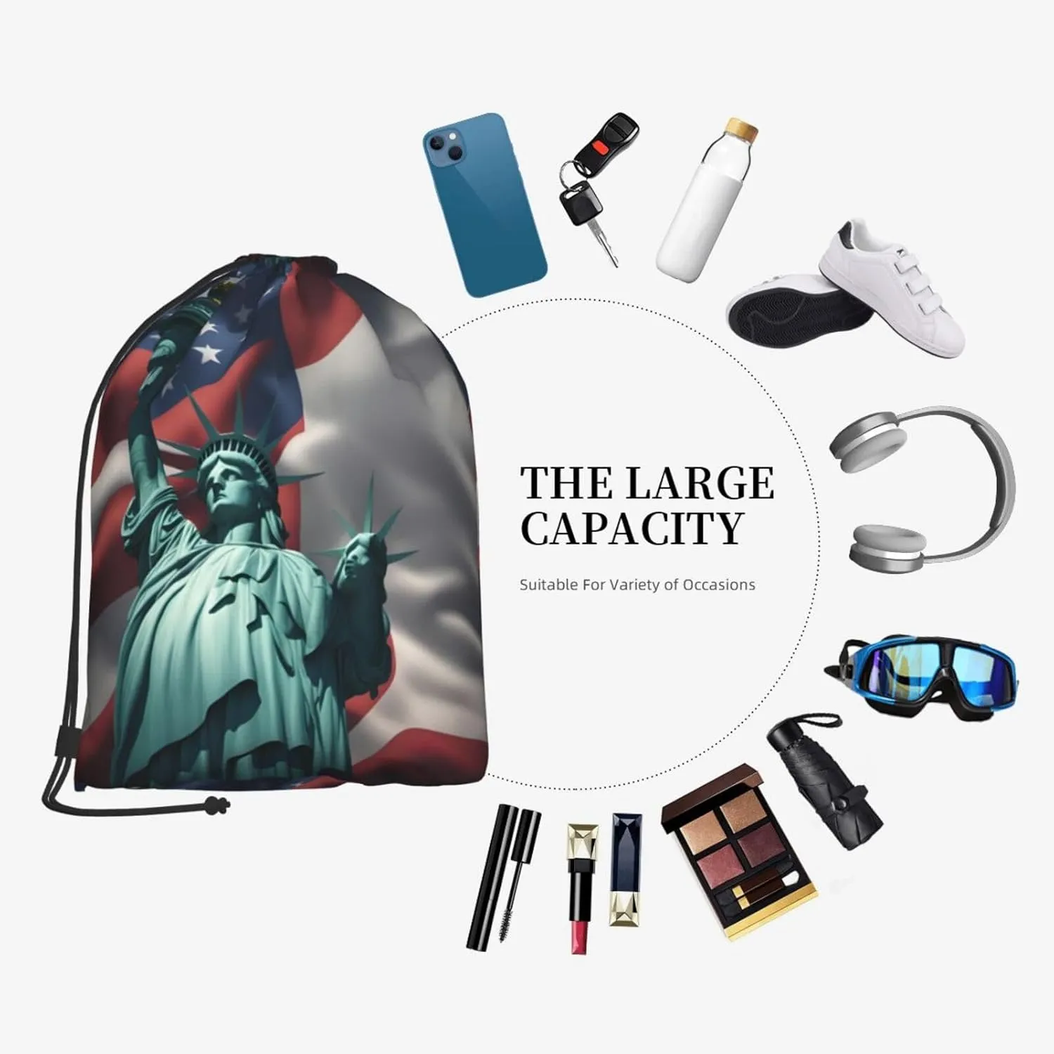 Statue Of Liberty Flag Drawstring Backpack String Cinch Bag Polyester Sackpack For Fitness Training Workout