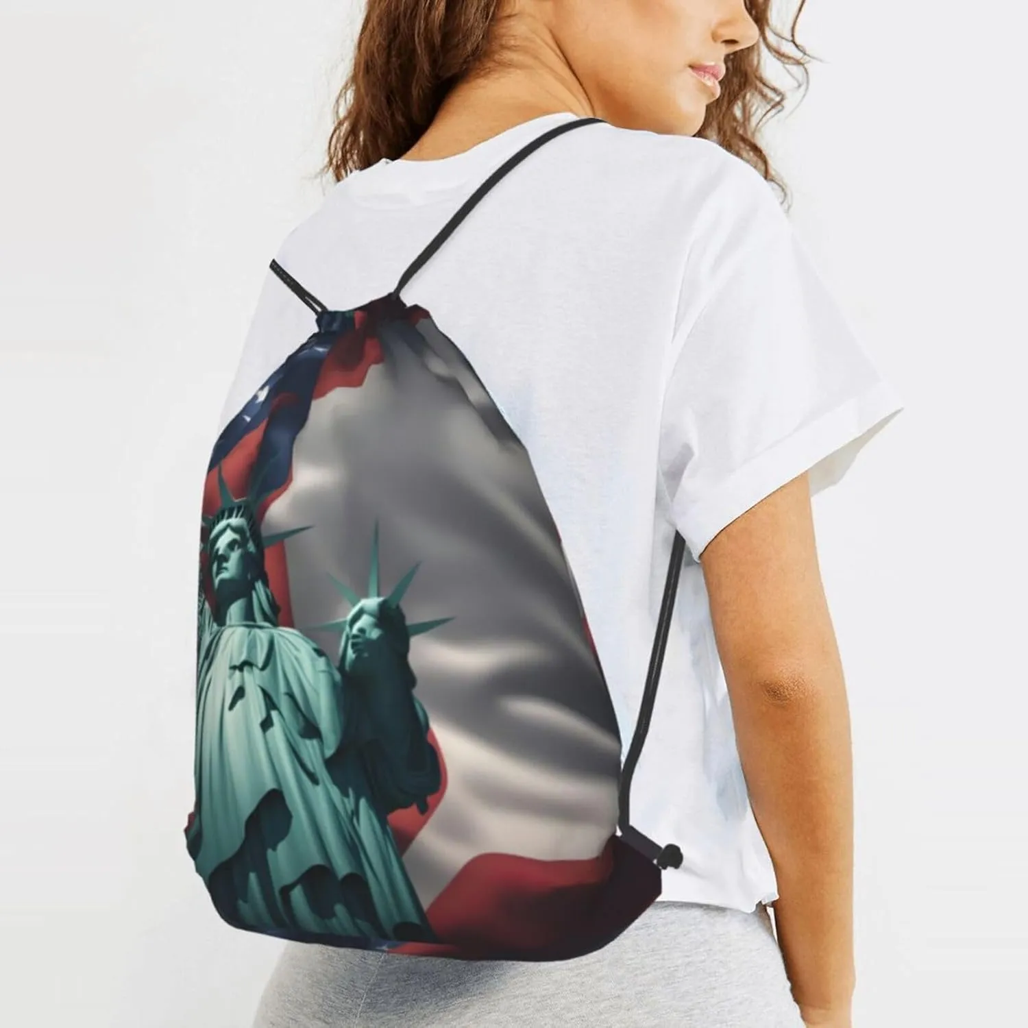 Statue Of Liberty Flag Drawstring Backpack String Cinch Bag Polyester Sackpack For Fitness Training Workout