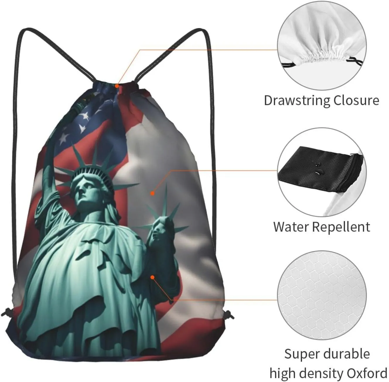 Statue Of Liberty Flag Drawstring Backpack String Cinch Bag Polyester Sackpack For Fitness Training Workout