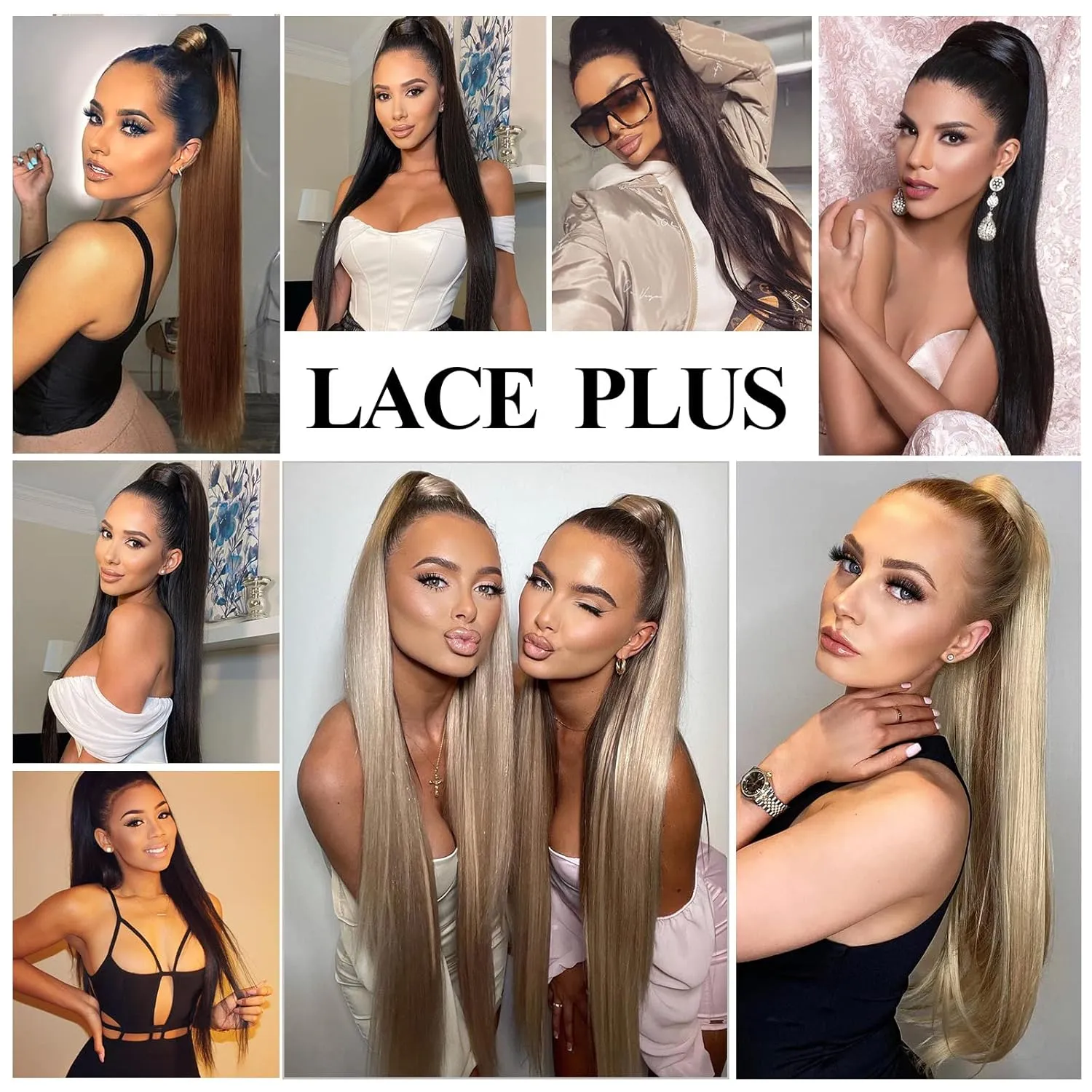 Straight Ponytail Extensions Blonde Highlights Drawsting Long Ponytail Clip in Hairpiece Synthetic Ponytail Hair Extensions for Black Women（32 Inch MT27/613, 6.70OZ）
