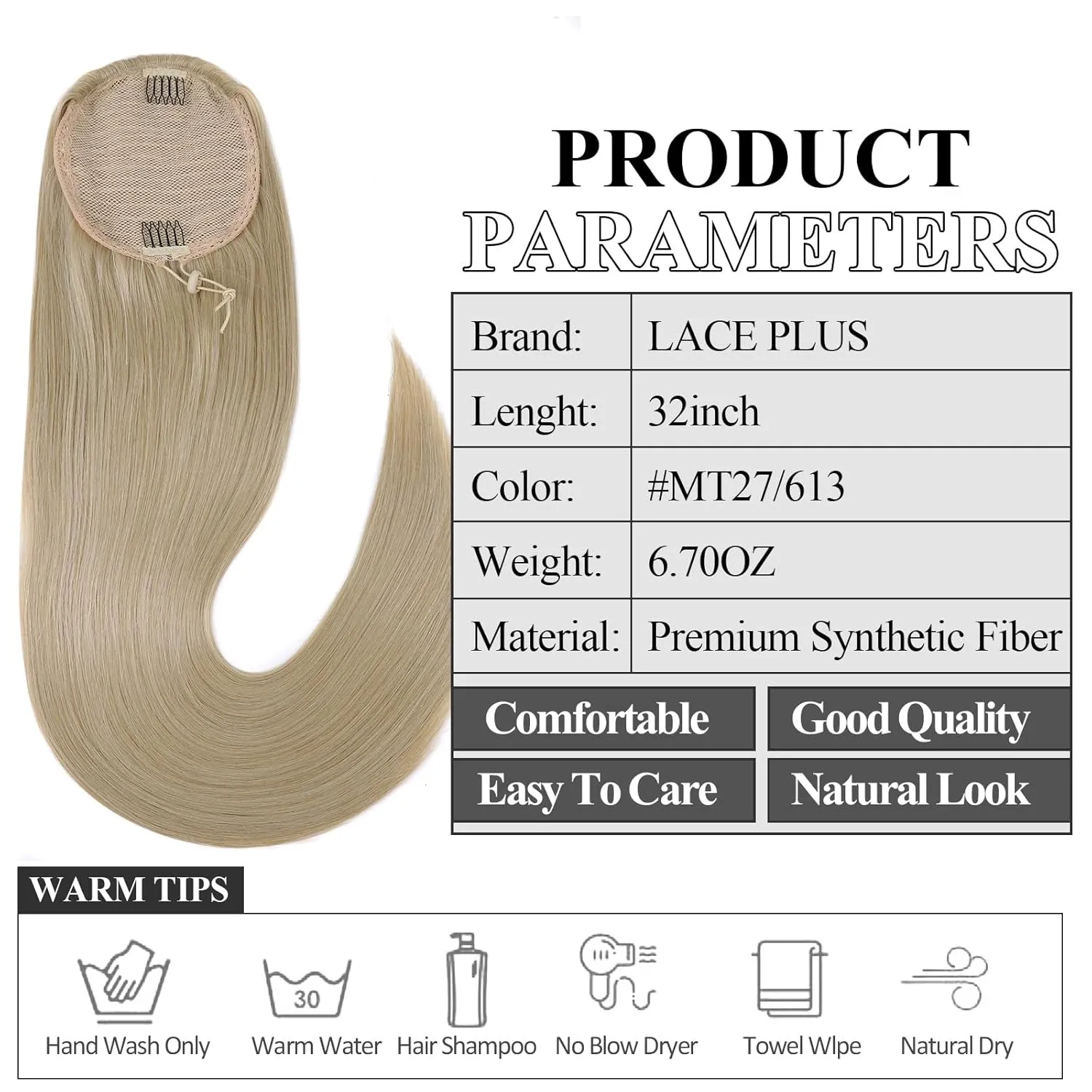 Straight Ponytail Extensions Blonde Highlights Drawsting Long Ponytail Clip in Hairpiece Synthetic Ponytail Hair Extensions for Black Women（32 Inch MT27/613, 6.70OZ）