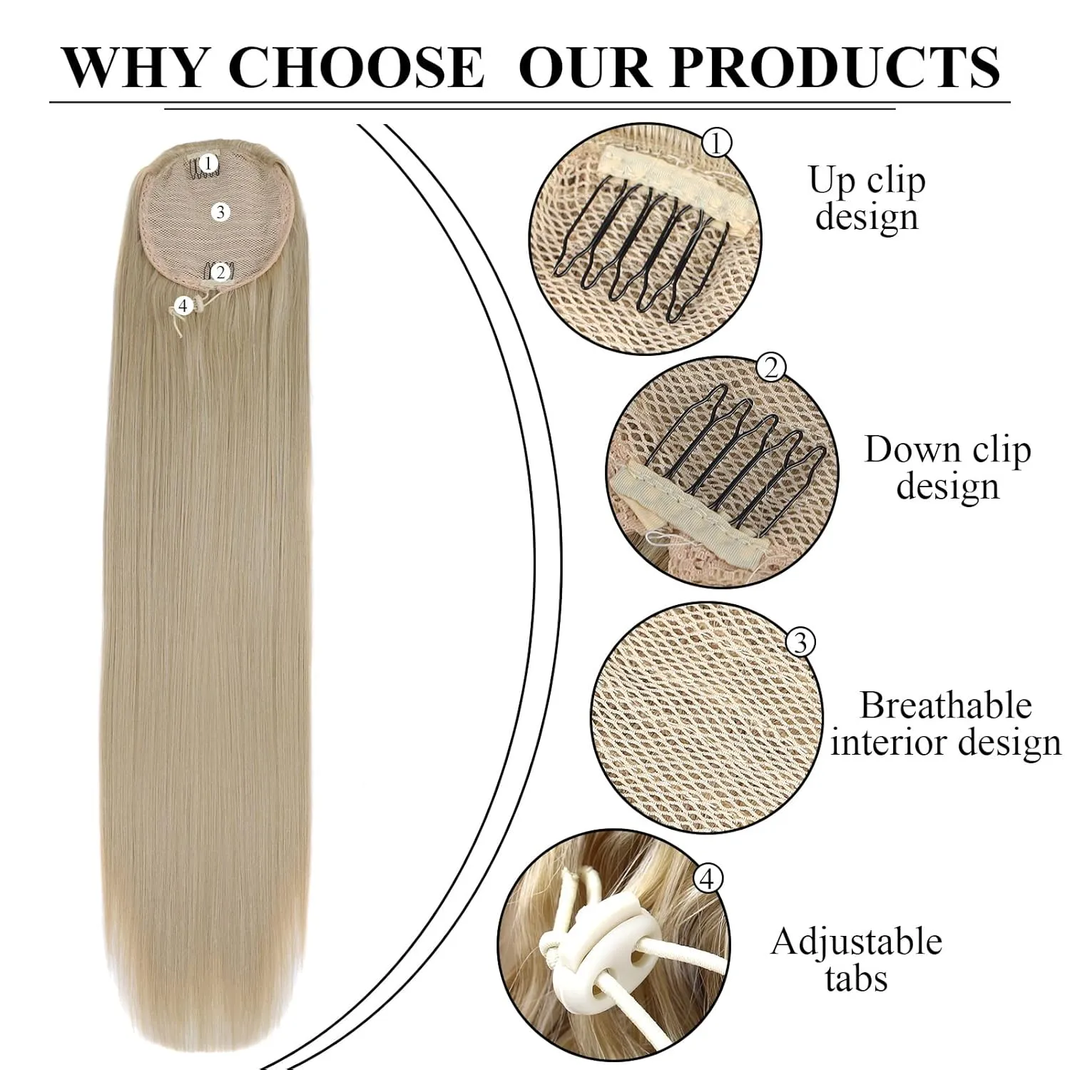 Straight Ponytail Extensions Blonde Highlights Drawsting Long Ponytail Clip in Hairpiece Synthetic Ponytail Hair Extensions for Black Women（32 Inch MT27/613, 6.70OZ）