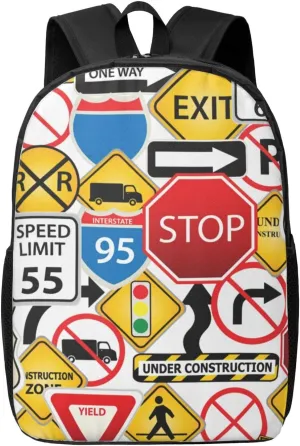 Street Collage Of Road And Traffic Signs Highway Stop Backpack, 17 Inch Travel Business Laptop Backpack For Women Men