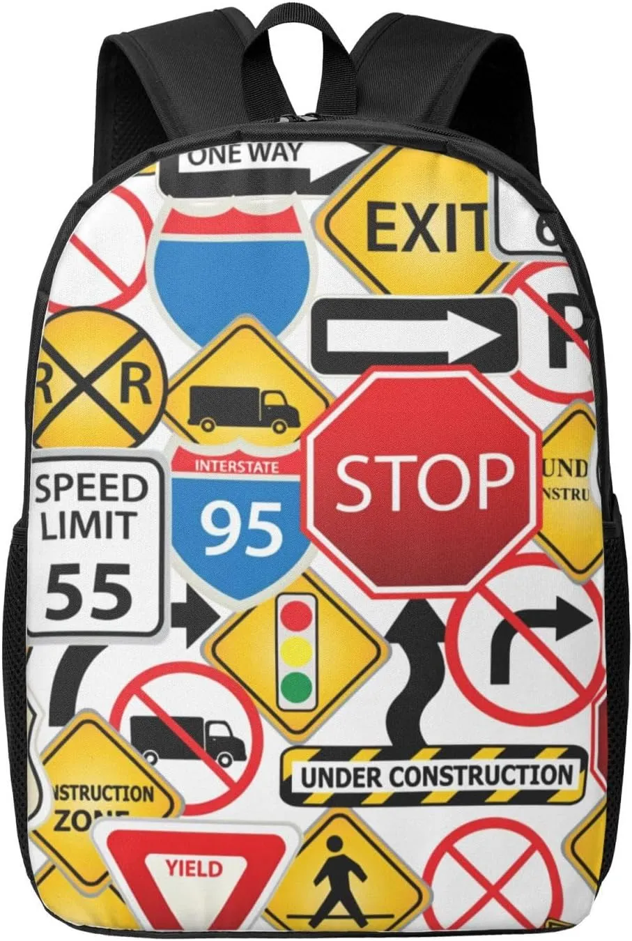 Street Collage Of Road And Traffic Signs Highway Stop Backpack, 17 Inch Travel Business Laptop Backpack For Women Men