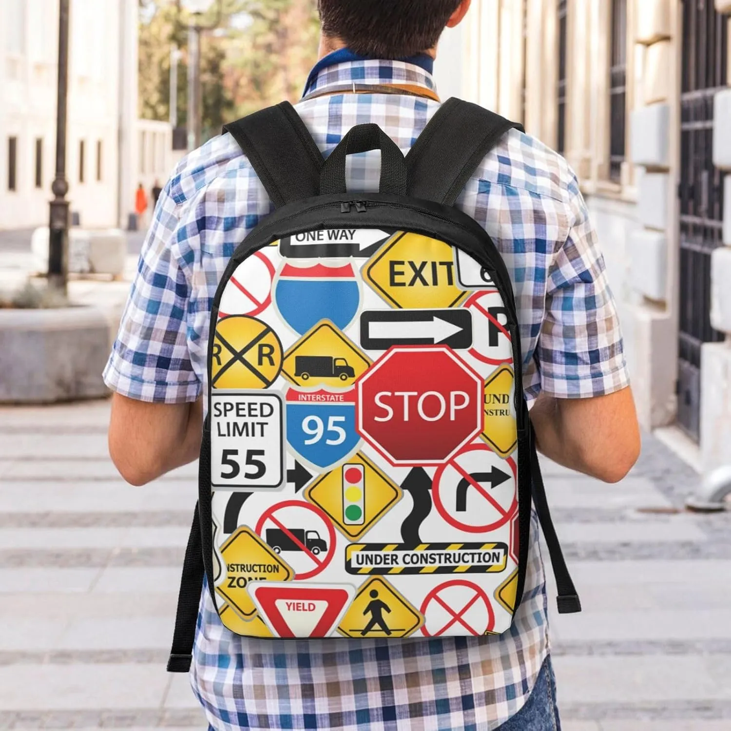 Street Collage Of Road And Traffic Signs Highway Stop Backpack, 17 Inch Travel Business Laptop Backpack For Women Men