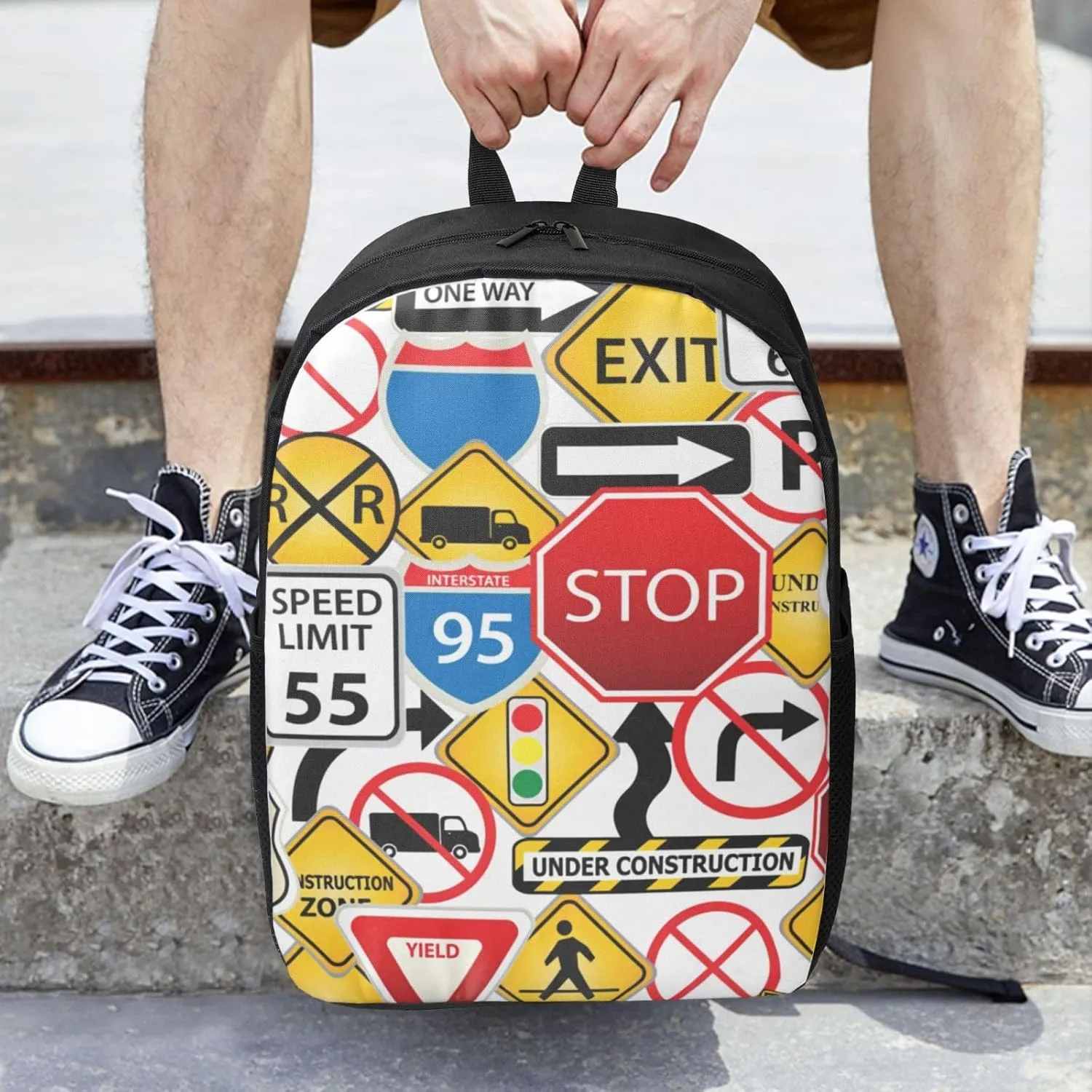 Street Collage Of Road And Traffic Signs Highway Stop Backpack, 17 Inch Travel Business Laptop Backpack For Women Men