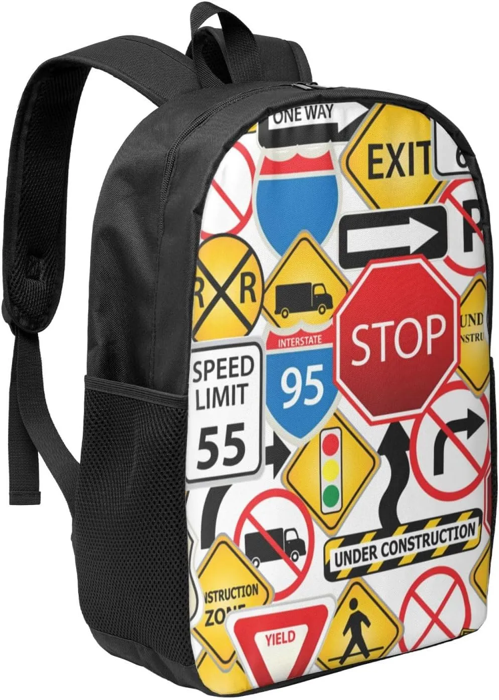 Street Collage Of Road And Traffic Signs Highway Stop Backpack, 17 Inch Travel Business Laptop Backpack For Women Men