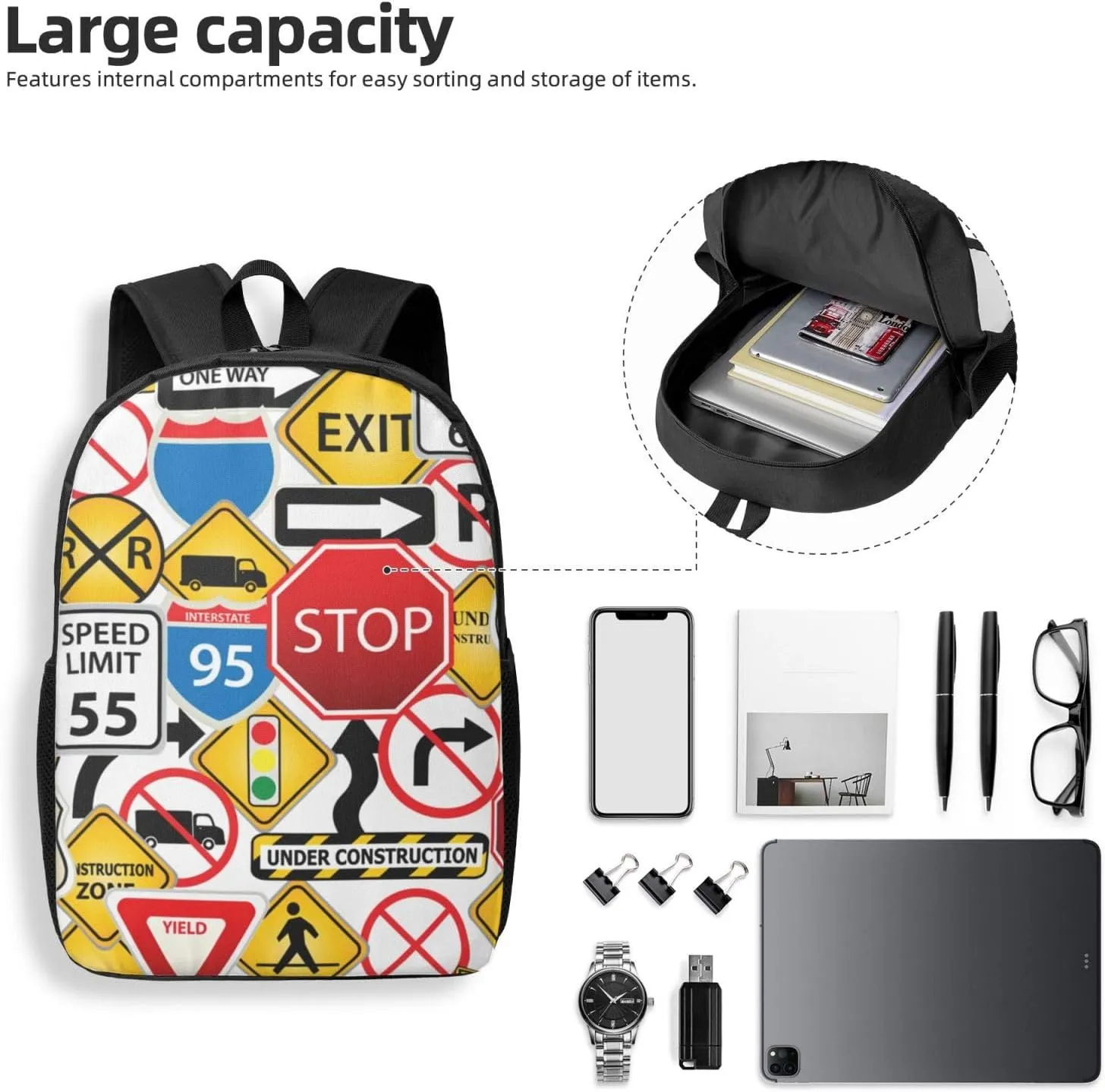 Street Collage Of Road And Traffic Signs Highway Stop Backpack, 17 Inch Travel Business Laptop Backpack For Women Men