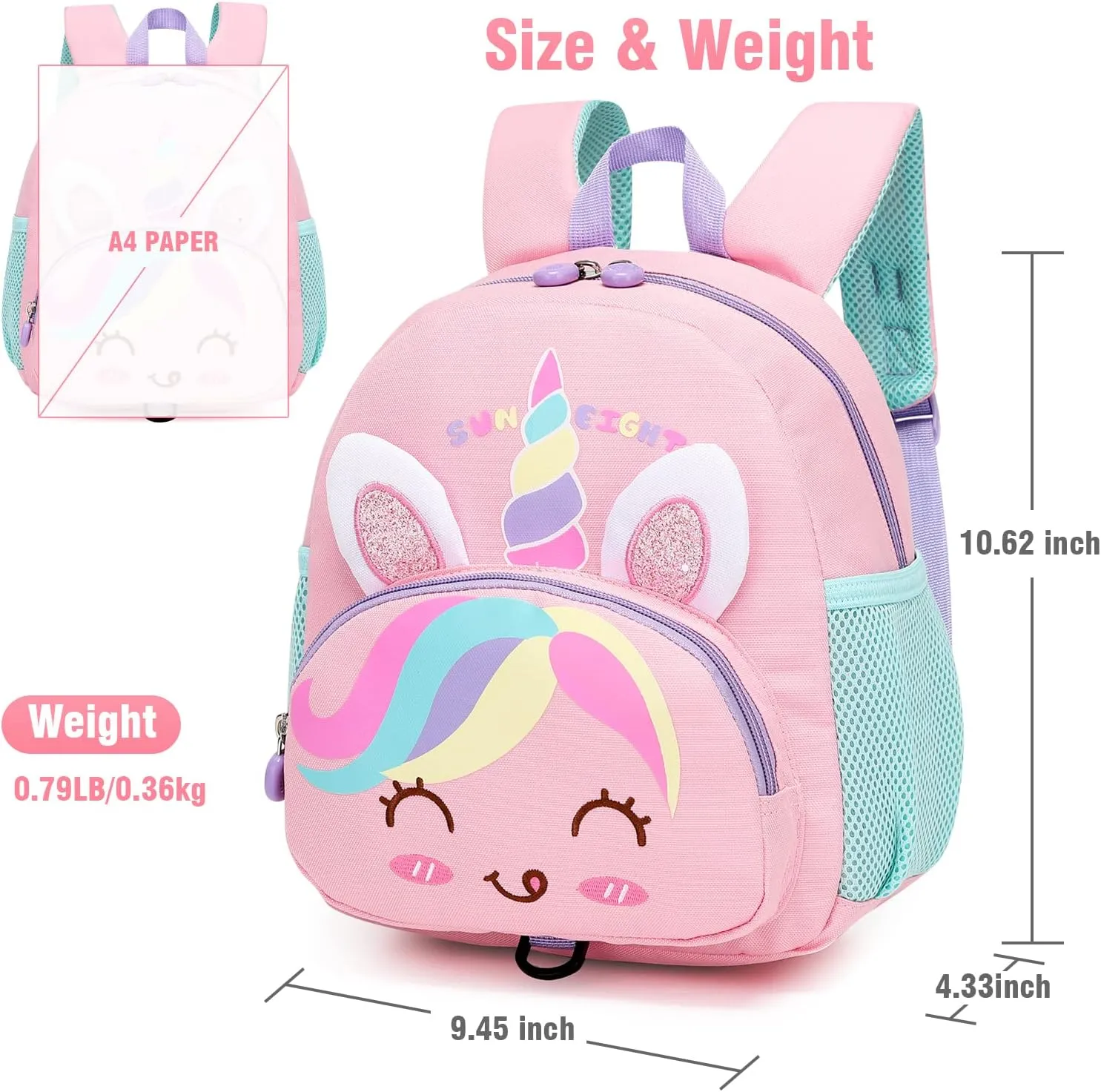 SUN EIGHT Kids Backpack Perfect for Ages 1-4 Waterproof, Lightweight, Ergonomic Design with Detachable Leash Strap for School, Travel, and Outdoor Adventures(Unicorn)