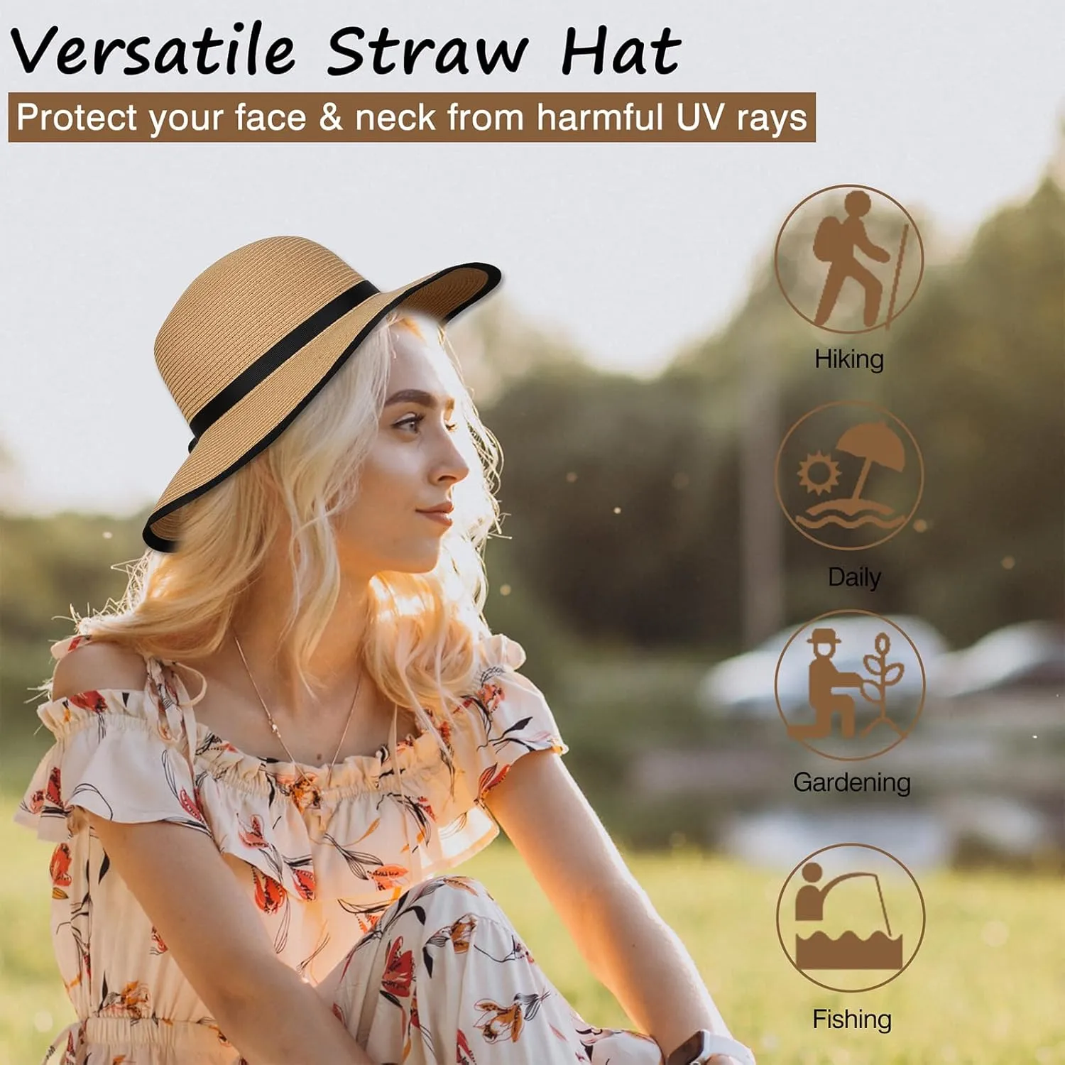 Sun Hats for Women, Straw Sun Visor Hats UPF 50  Roll Up Foldable Packable Floppy Wide Brim Beach Hat for Travel