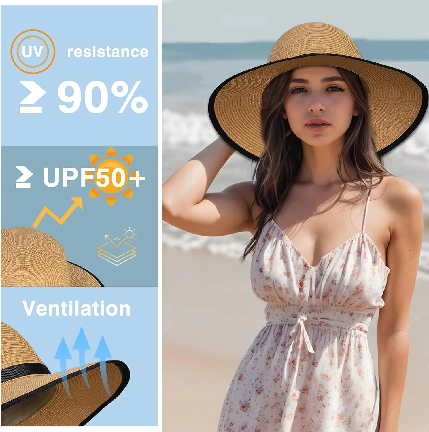 Sun Hats for Women, Straw Sun Visor Hats UPF 50  Roll Up Foldable Packable Floppy Wide Brim Beach Hat for Travel