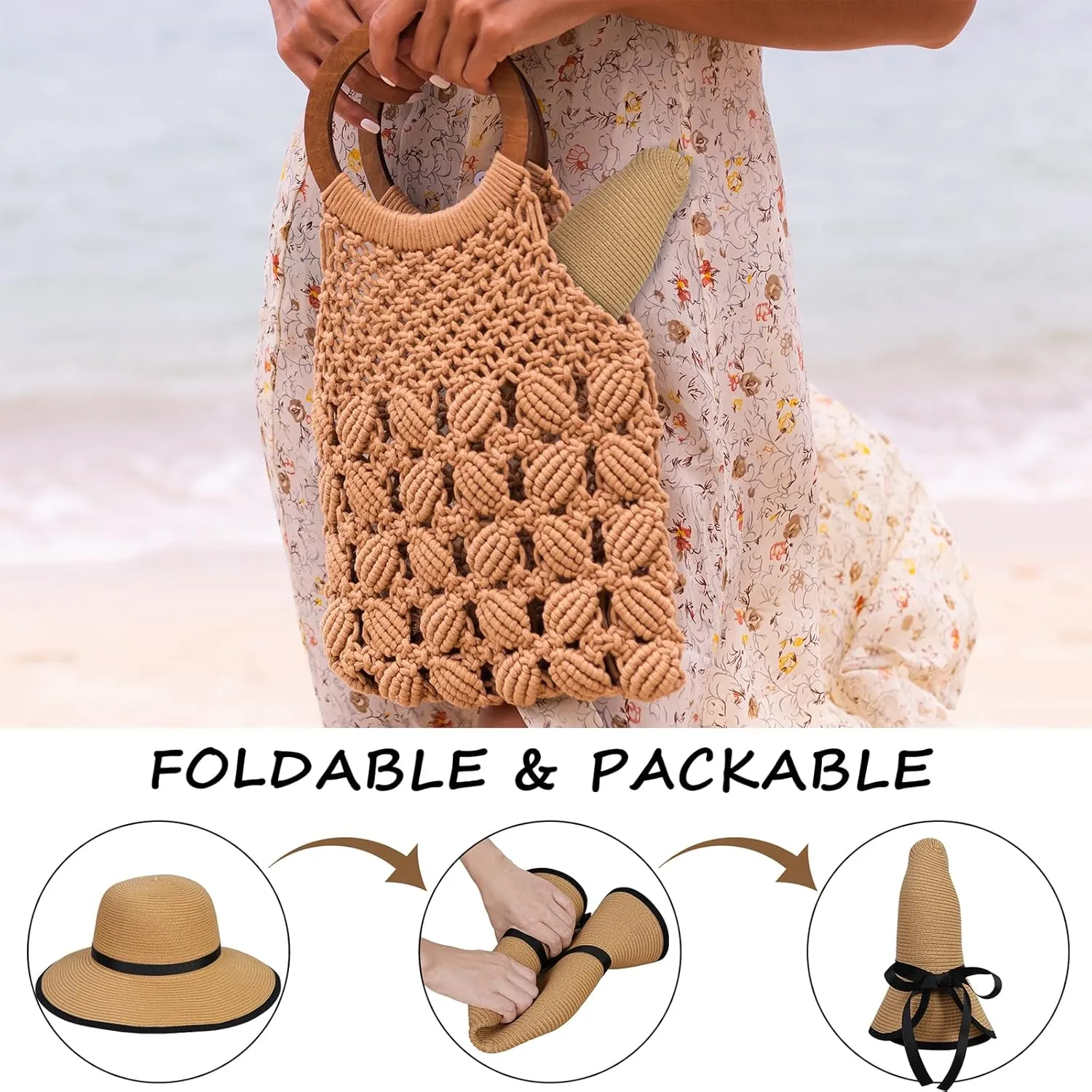 Sun Hats for Women, Straw Sun Visor Hats UPF 50  Roll Up Foldable Packable Floppy Wide Brim Beach Hat for Travel