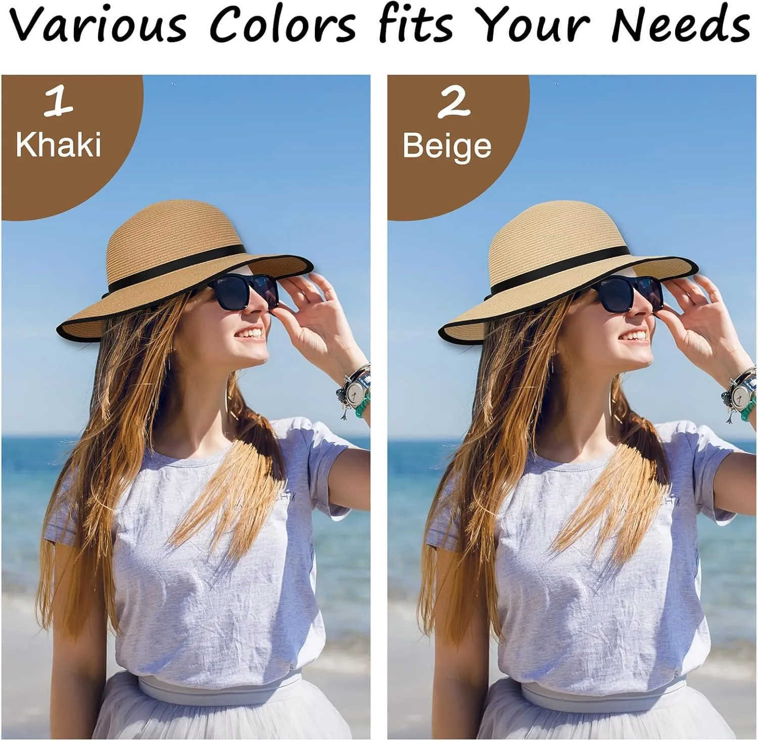 Sun Hats for Women, Straw Sun Visor Hats UPF 50  Roll Up Foldable Packable Floppy Wide Brim Beach Hat for Travel