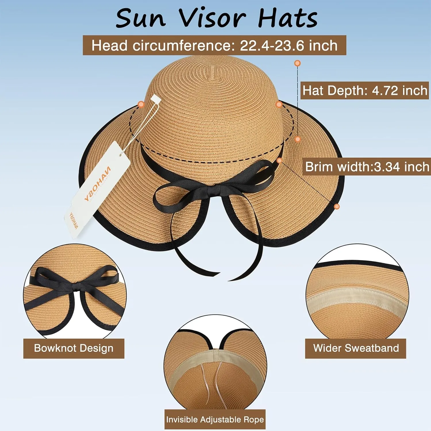 Sun Hats for Women, Straw Sun Visor Hats UPF 50  Roll Up Foldable Packable Floppy Wide Brim Beach Hat for Travel
