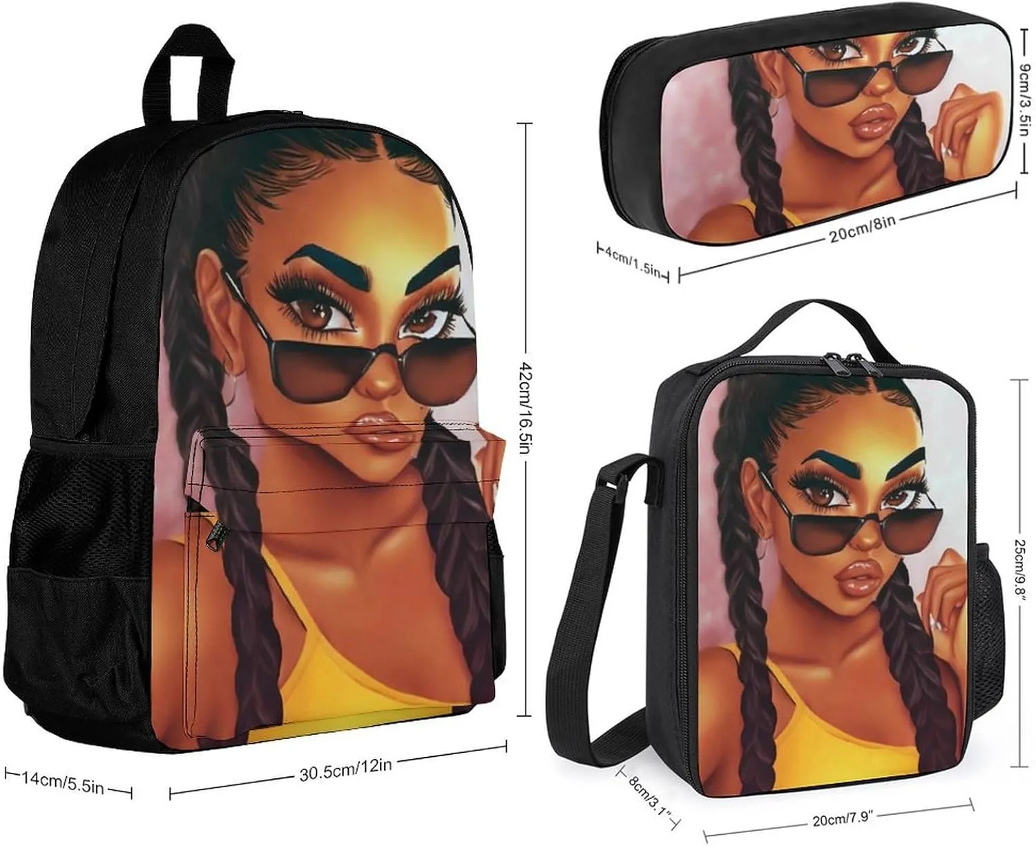 Supdreamc 3 Piece Daypack Big Capacity Shoulder Bag Backpack for Outdoors Bicycle - Abstract Fashion Black Woman Art African American Women Art, Travel Hiking Backpack   Lunch Bag   Pencil Bag
