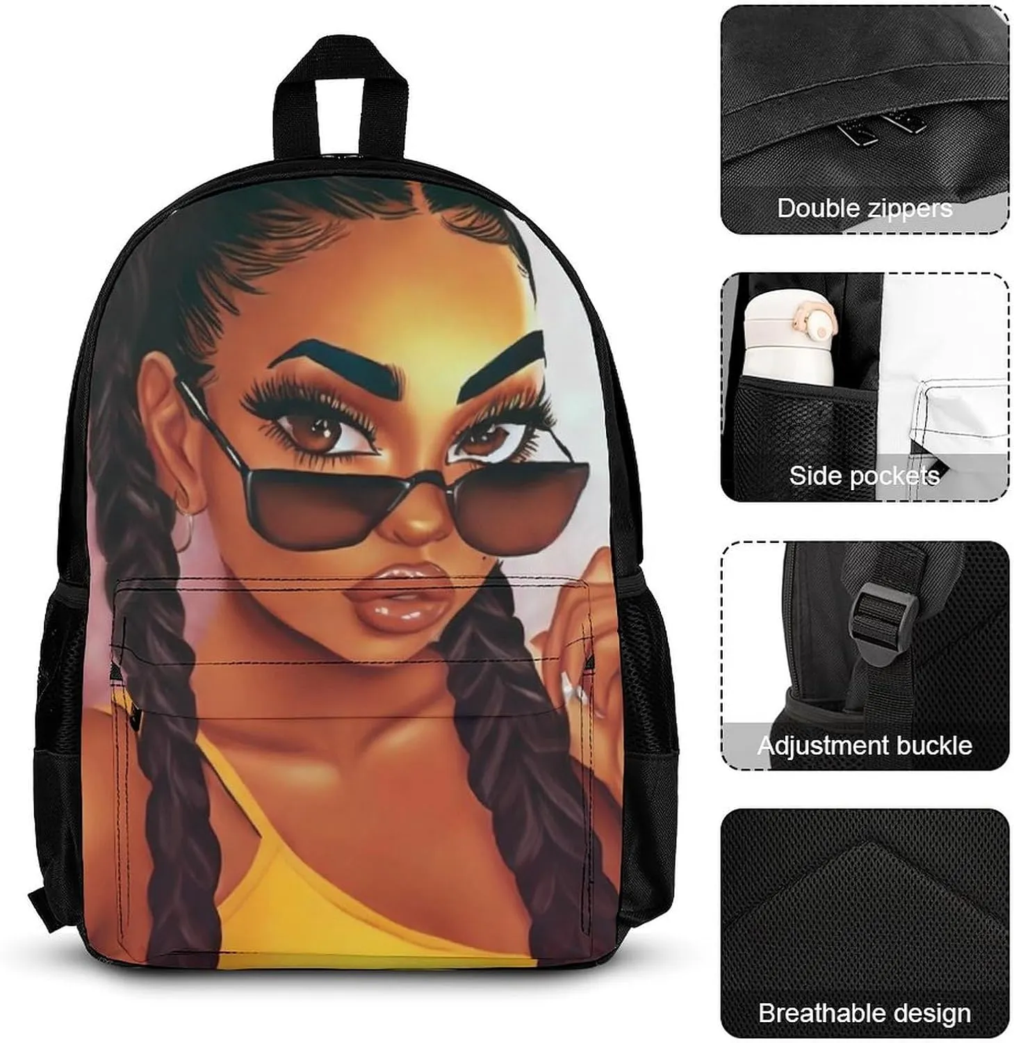 Supdreamc 3 Piece Daypack Big Capacity Shoulder Bag Backpack for Outdoors Bicycle - Abstract Fashion Black Woman Art African American Women Art, Travel Hiking Backpack   Lunch Bag   Pencil Bag