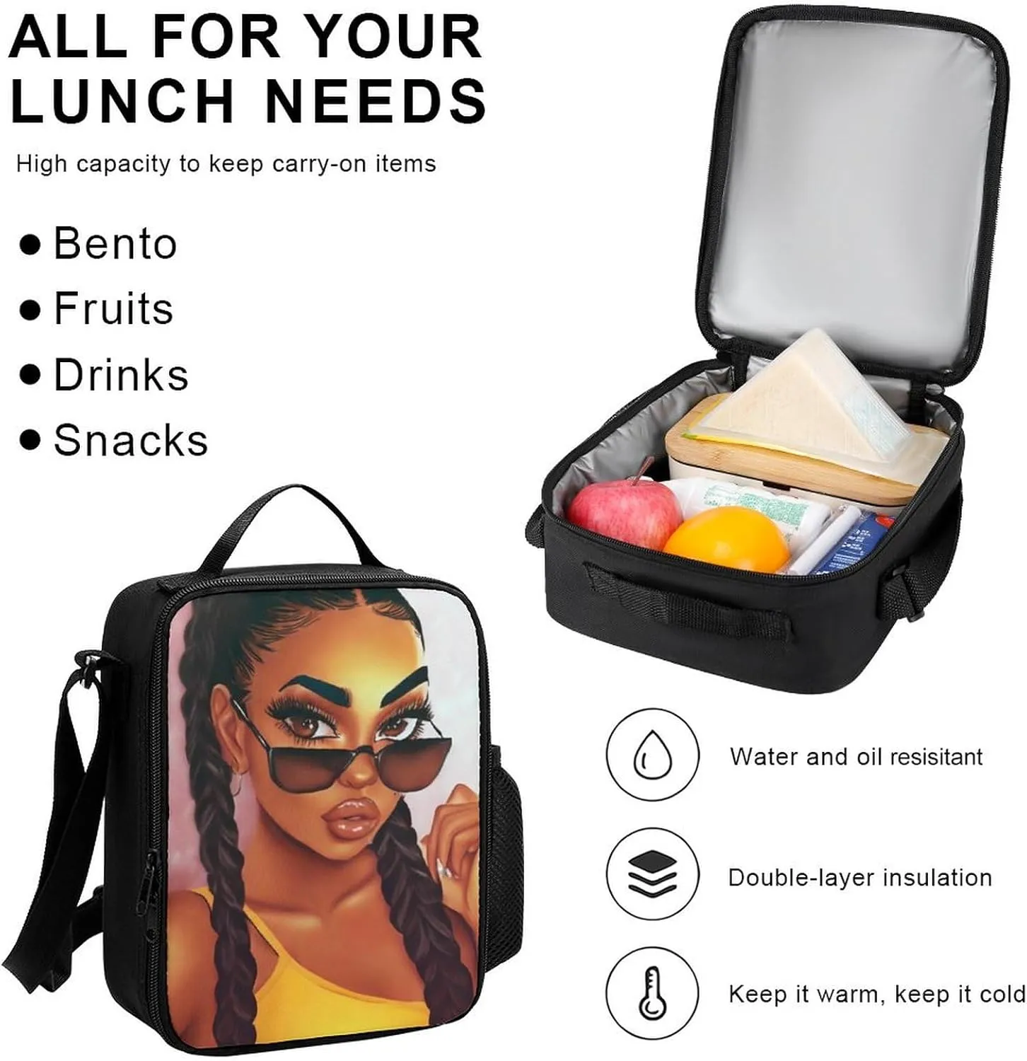 Supdreamc 3 Piece Daypack Big Capacity Shoulder Bag Backpack for Outdoors Bicycle - Abstract Fashion Black Woman Art African American Women Art, Travel Hiking Backpack   Lunch Bag   Pencil Bag