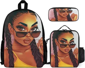 Supdreamc 3 Piece Daypack Big Capacity Shoulder Bag Backpack for Outdoors Bicycle - Abstract Fashion Black Woman Art African American Women Art, Travel Hiking Backpack   Lunch Bag   Pencil Bag