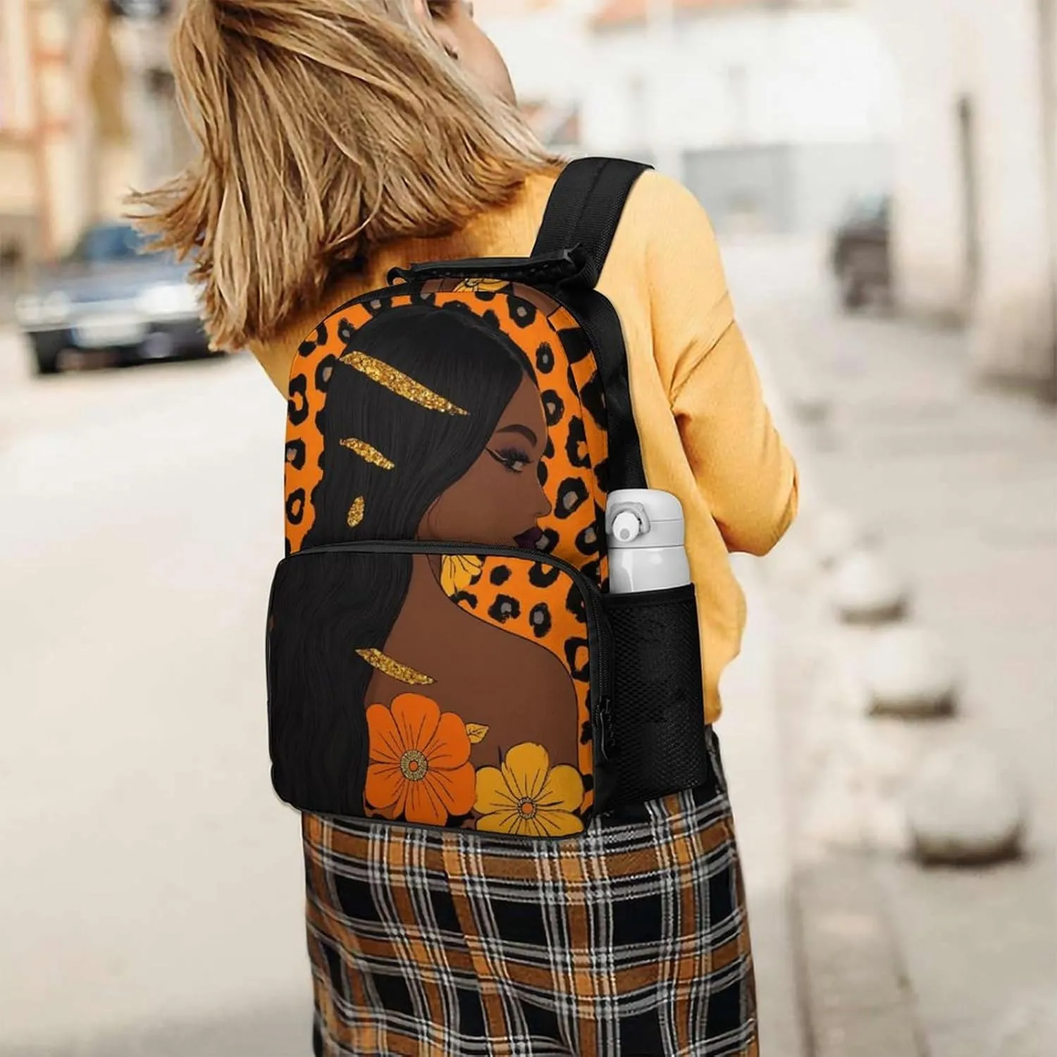 Supdreamc Adults Lightweight African Black Women Flowers Cheetah Leopard Art Rucksacks Large Capacity Bookbag With Adjustable Shoulder Straps for Trekking Outdoors Bicycle