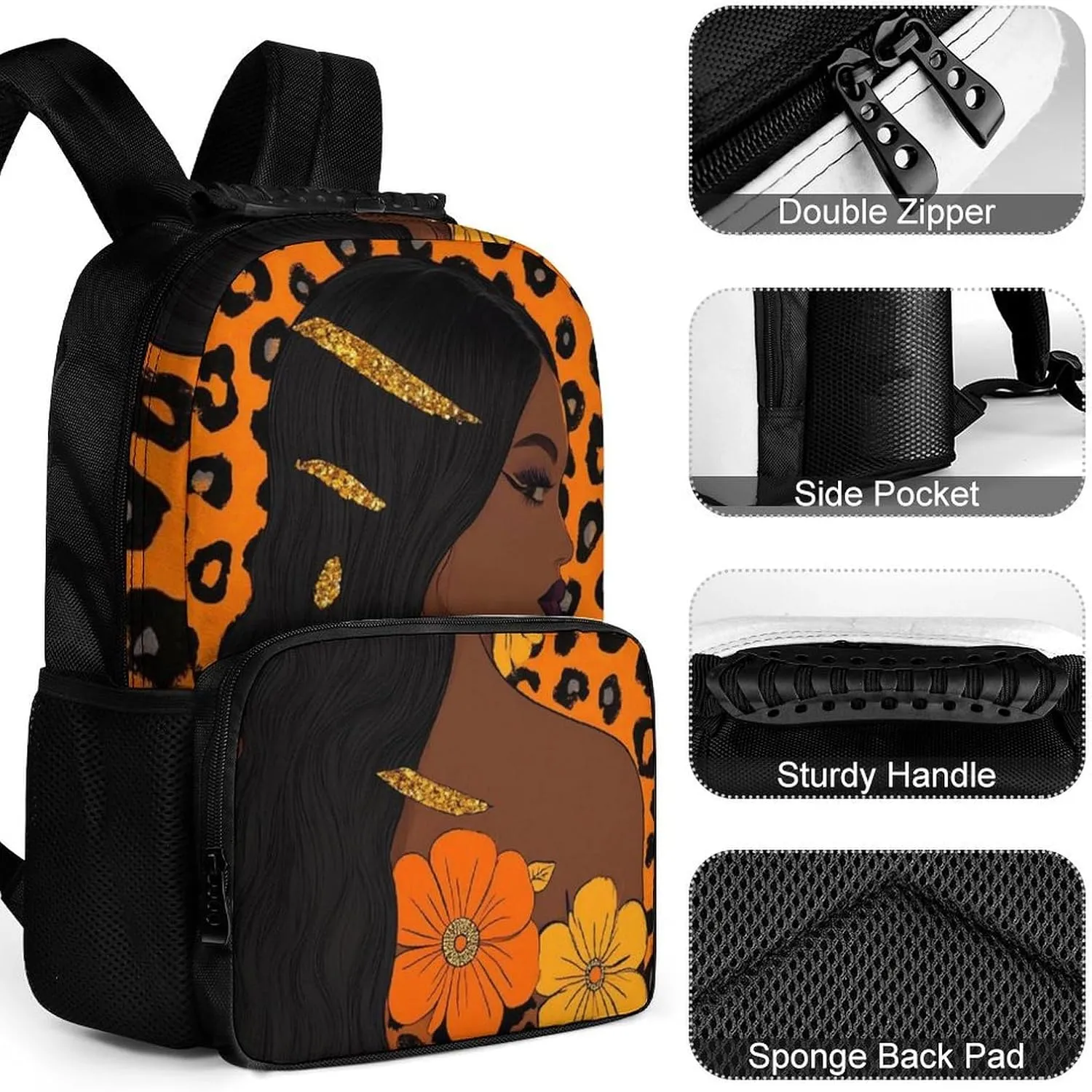 Supdreamc Adults Lightweight African Black Women Flowers Cheetah Leopard Art Rucksacks Large Capacity Bookbag With Adjustable Shoulder Straps for Trekking Outdoors Bicycle