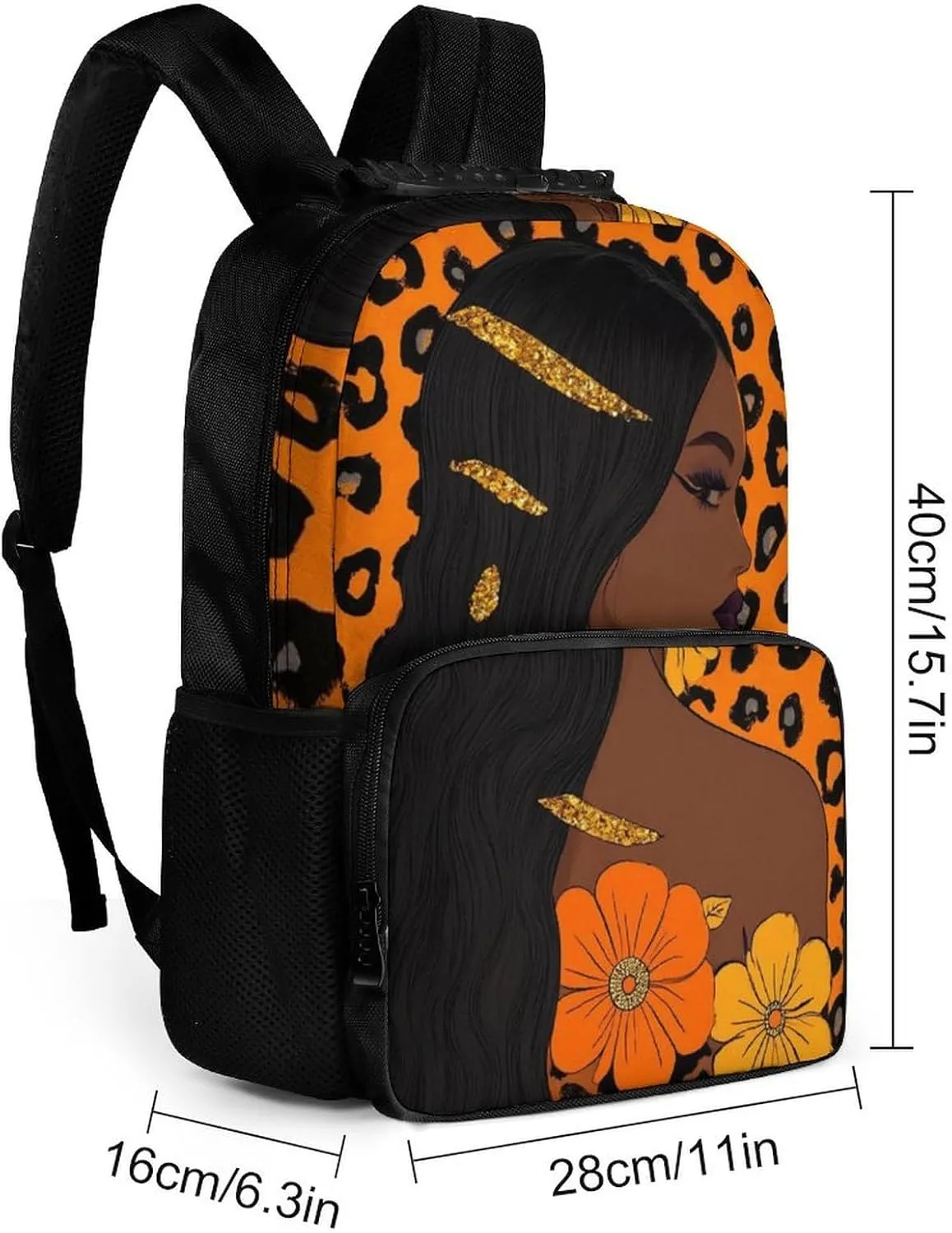 Supdreamc Adults Lightweight African Black Women Flowers Cheetah Leopard Art Rucksacks Large Capacity Bookbag With Adjustable Shoulder Straps for Trekking Outdoors Bicycle