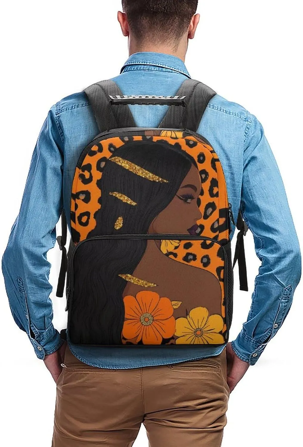 Supdreamc Adults Lightweight African Black Women Flowers Cheetah Leopard Art Rucksacks Large Capacity Bookbag With Adjustable Shoulder Straps for Trekking Outdoors Bicycle