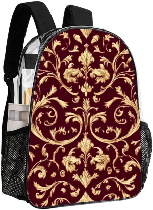 Supdreamc Adults Lightweight Flower Maroon Gold Floral Classy Burgundy Antique Rucksacks Large Capacity Bookbag Transparent Bag for Trekking Outdoors Bicycle