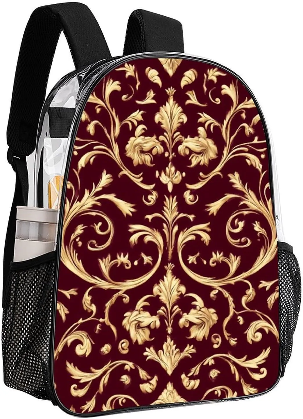 Supdreamc Adults Lightweight Flower Maroon Gold Floral Classy Burgundy Antique Rucksacks Large Capacity Bookbag Transparent Bag for Trekking Outdoors Bicycle
