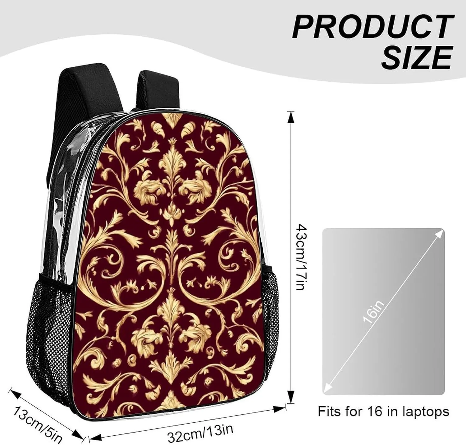 Supdreamc Adults Lightweight Flower Maroon Gold Floral Classy Burgundy Antique Rucksacks Large Capacity Bookbag Transparent Bag for Trekking Outdoors Bicycle