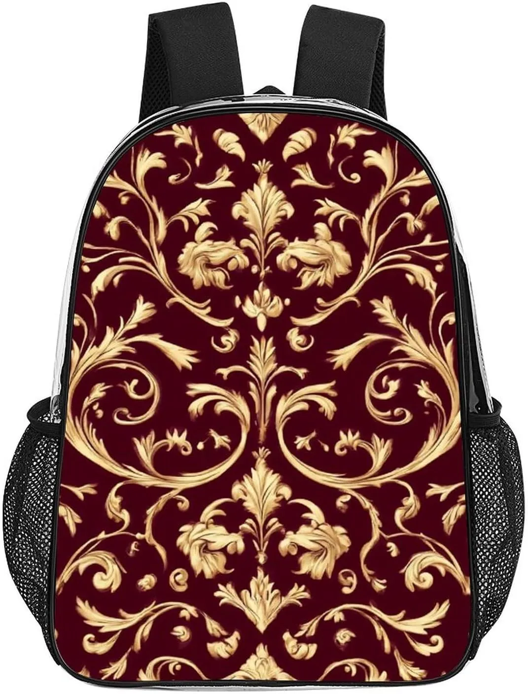 Supdreamc Adults Lightweight Flower Maroon Gold Floral Classy Burgundy Antique Rucksacks Large Capacity Bookbag Transparent Bag for Trekking Outdoors Bicycle