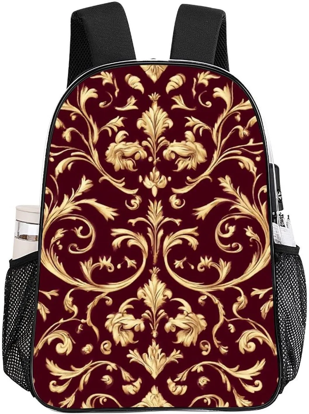 Supdreamc Adults Lightweight Flower Maroon Gold Floral Classy Burgundy Antique Rucksacks Large Capacity Bookbag Transparent Bag for Trekking Outdoors Bicycle