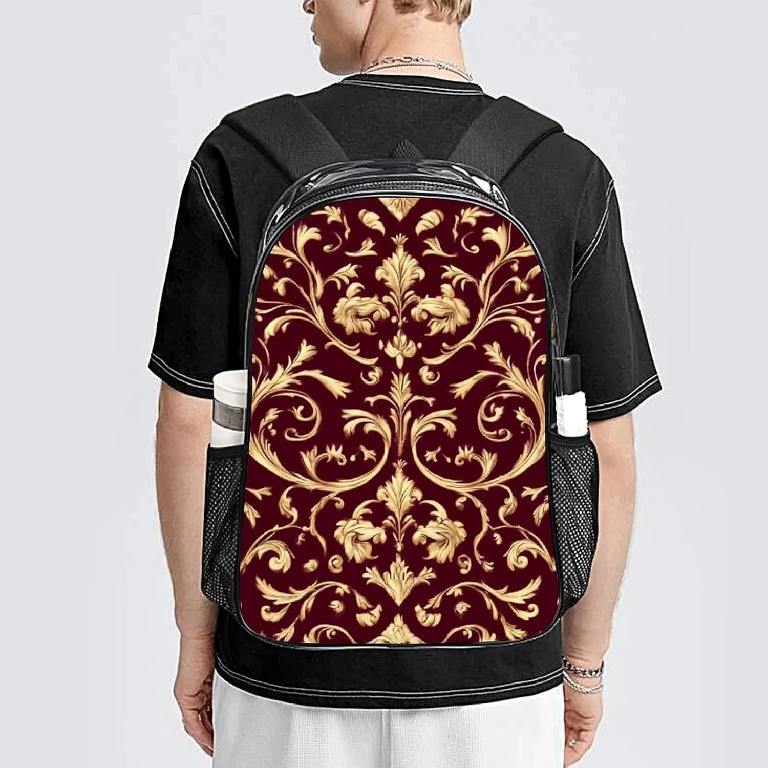 Supdreamc Adults Lightweight Flower Maroon Gold Floral Classy Burgundy Antique Rucksacks Large Capacity Bookbag Transparent Bag for Trekking Outdoors Bicycle