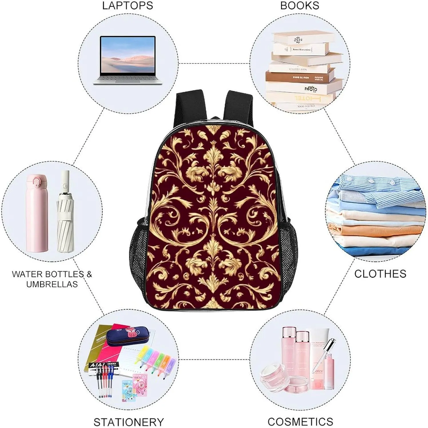 Supdreamc Adults Lightweight Flower Maroon Gold Floral Classy Burgundy Antique Rucksacks Large Capacity Bookbag Transparent Bag for Trekking Outdoors Bicycle