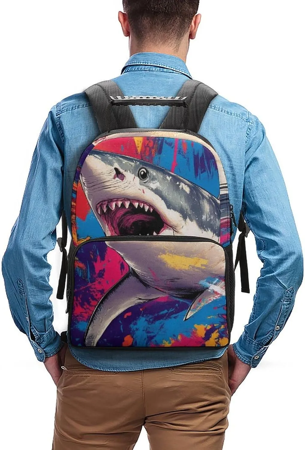 Supdreamc Cute Shark Graffiti Art Rucksacks Polyester Anti-Theft Multipurpose Carry On Bag Large Capacity Gym Outdoor Hiking Backpack With Smooth Zippers