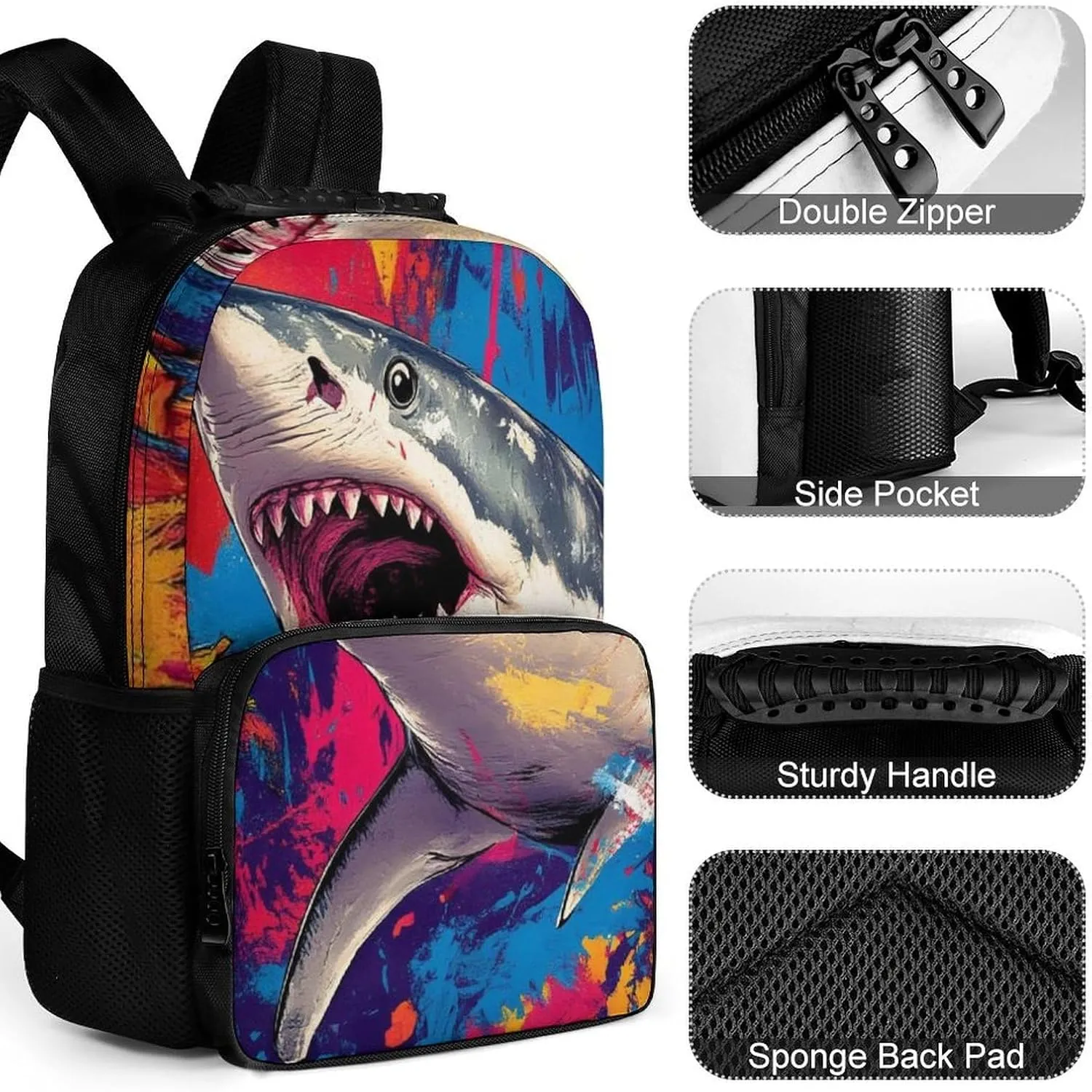 Supdreamc Cute Shark Graffiti Art Rucksacks Polyester Anti-Theft Multipurpose Carry On Bag Large Capacity Gym Outdoor Hiking Backpack With Smooth Zippers