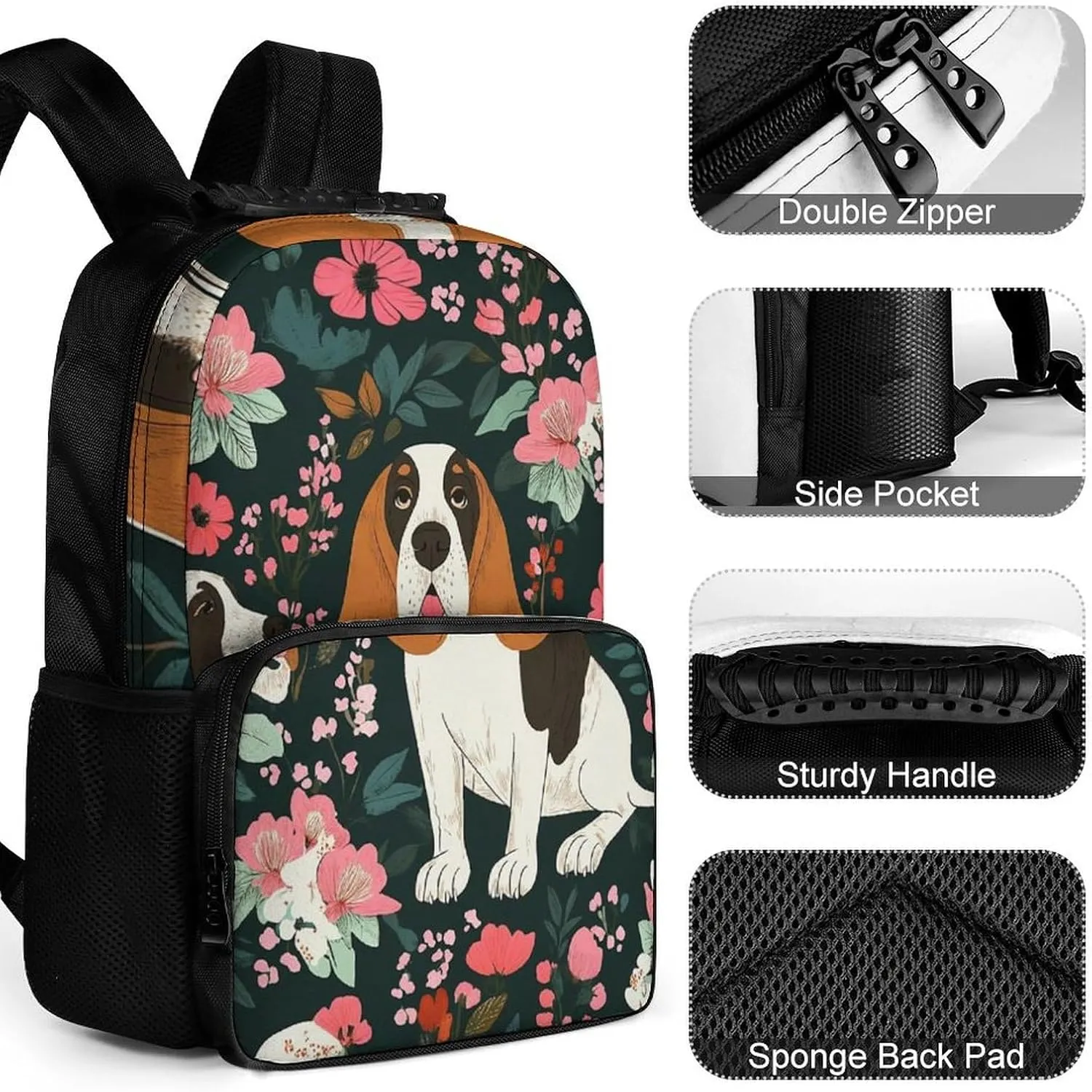 Supdreamc Lightweight Backpack for Gym Travel Bicycle - Big Capacity Multipurpose Anti-Theft Carry On Bag, Crazy Basset Hound Floral Travel Hiking Bag & Day Pack