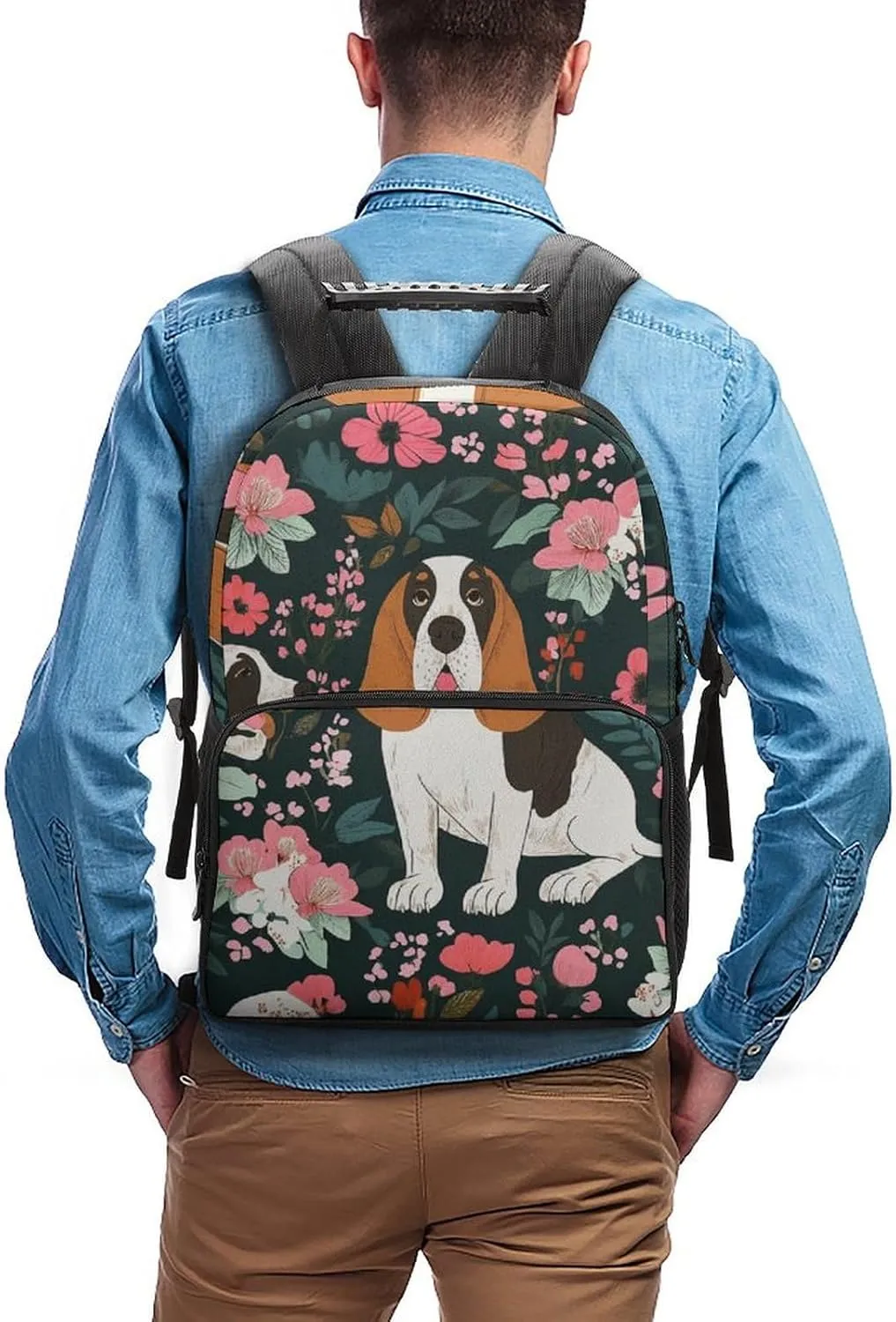 Supdreamc Lightweight Backpack for Gym Travel Bicycle - Big Capacity Multipurpose Anti-Theft Carry On Bag, Crazy Basset Hound Floral Travel Hiking Bag & Day Pack