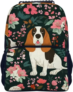 Supdreamc Lightweight Backpack for Gym Travel Bicycle - Big Capacity Multipurpose Anti-Theft Carry On Bag, Crazy Basset Hound Floral Travel Hiking Bag & Day Pack