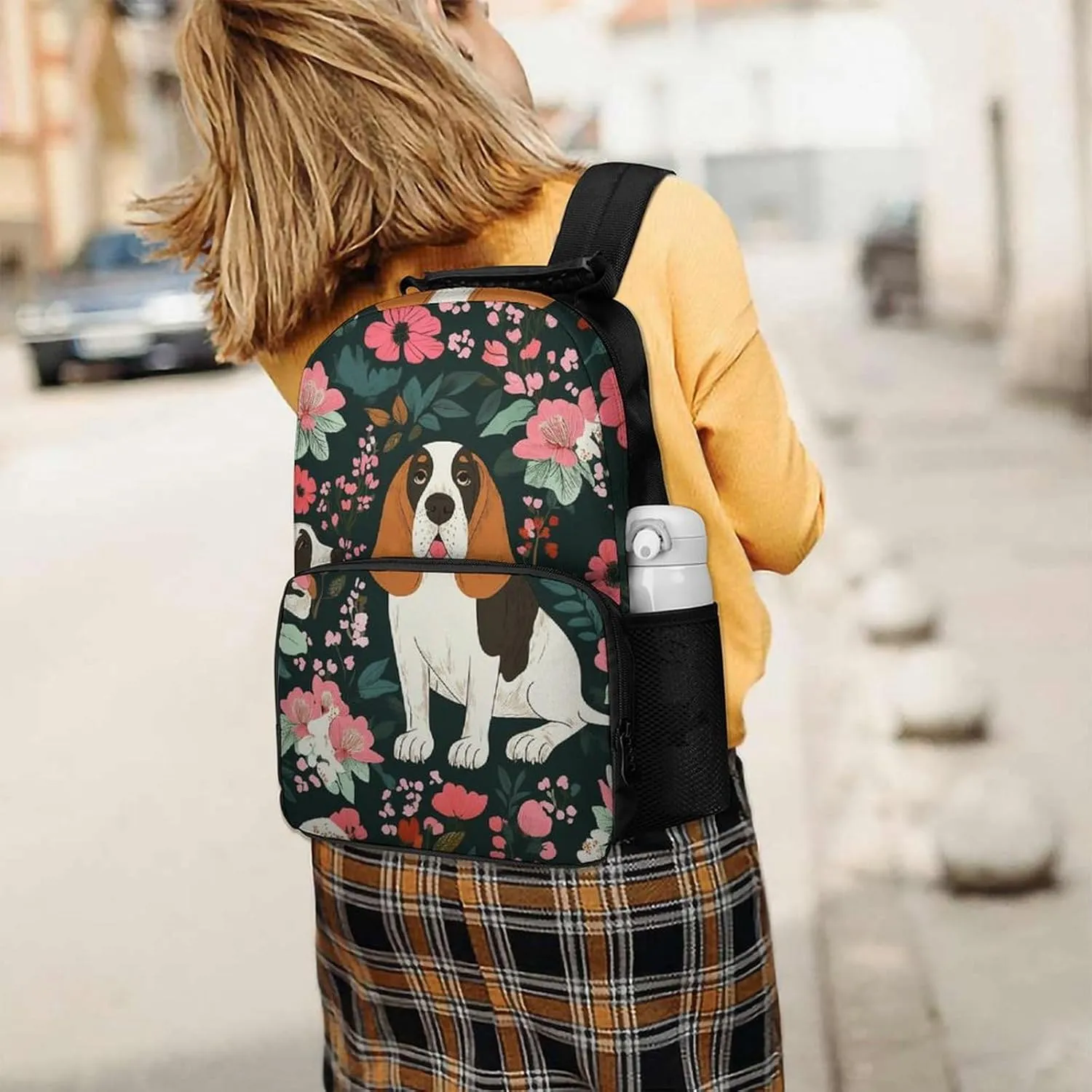 Supdreamc Lightweight Backpack for Gym Travel Bicycle - Big Capacity Multipurpose Anti-Theft Carry On Bag, Crazy Basset Hound Floral Travel Hiking Bag & Day Pack