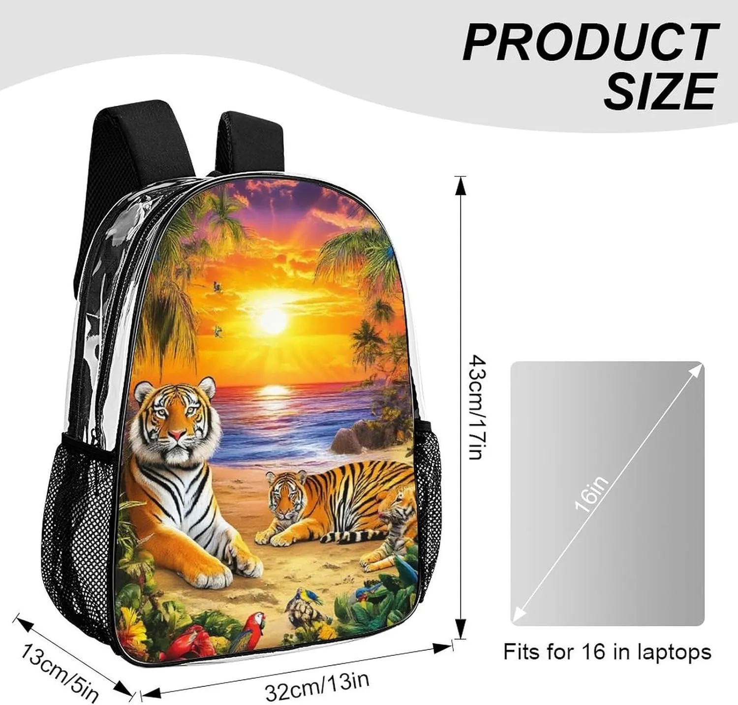 Supdreamc Lightweight Backpack for Gym Travel Bicycle - Big Capacity Multipurpose Transparent Carry On Bag, Tropical Tiger Animal World King Art Travel Hiking Bag & Day Pack