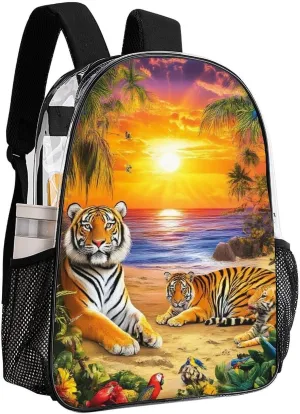 Supdreamc Lightweight Backpack for Gym Travel Bicycle - Big Capacity Multipurpose Transparent Carry On Bag, Tropical Tiger Animal World King Art Travel Hiking Bag & Day Pack