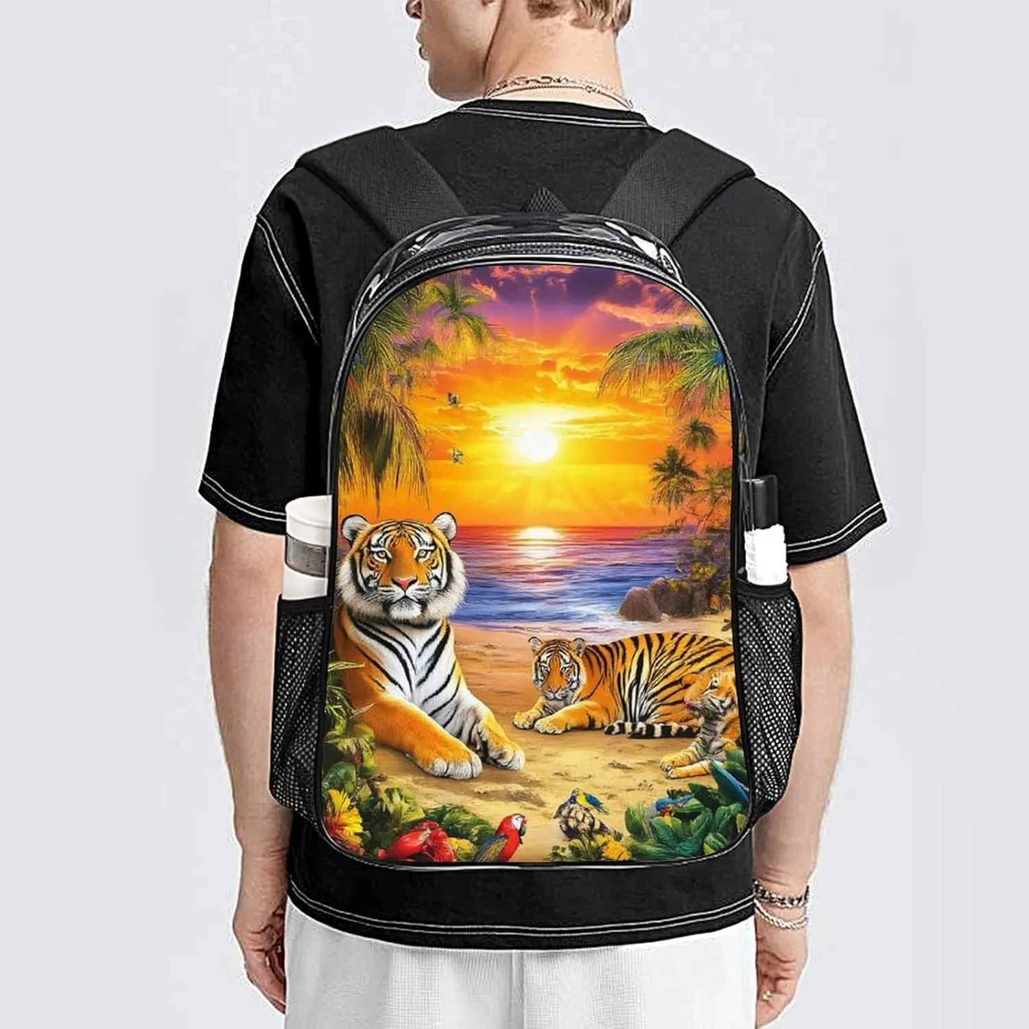 Supdreamc Lightweight Backpack for Gym Travel Bicycle - Big Capacity Multipurpose Transparent Carry On Bag, Tropical Tiger Animal World King Art Travel Hiking Bag & Day Pack