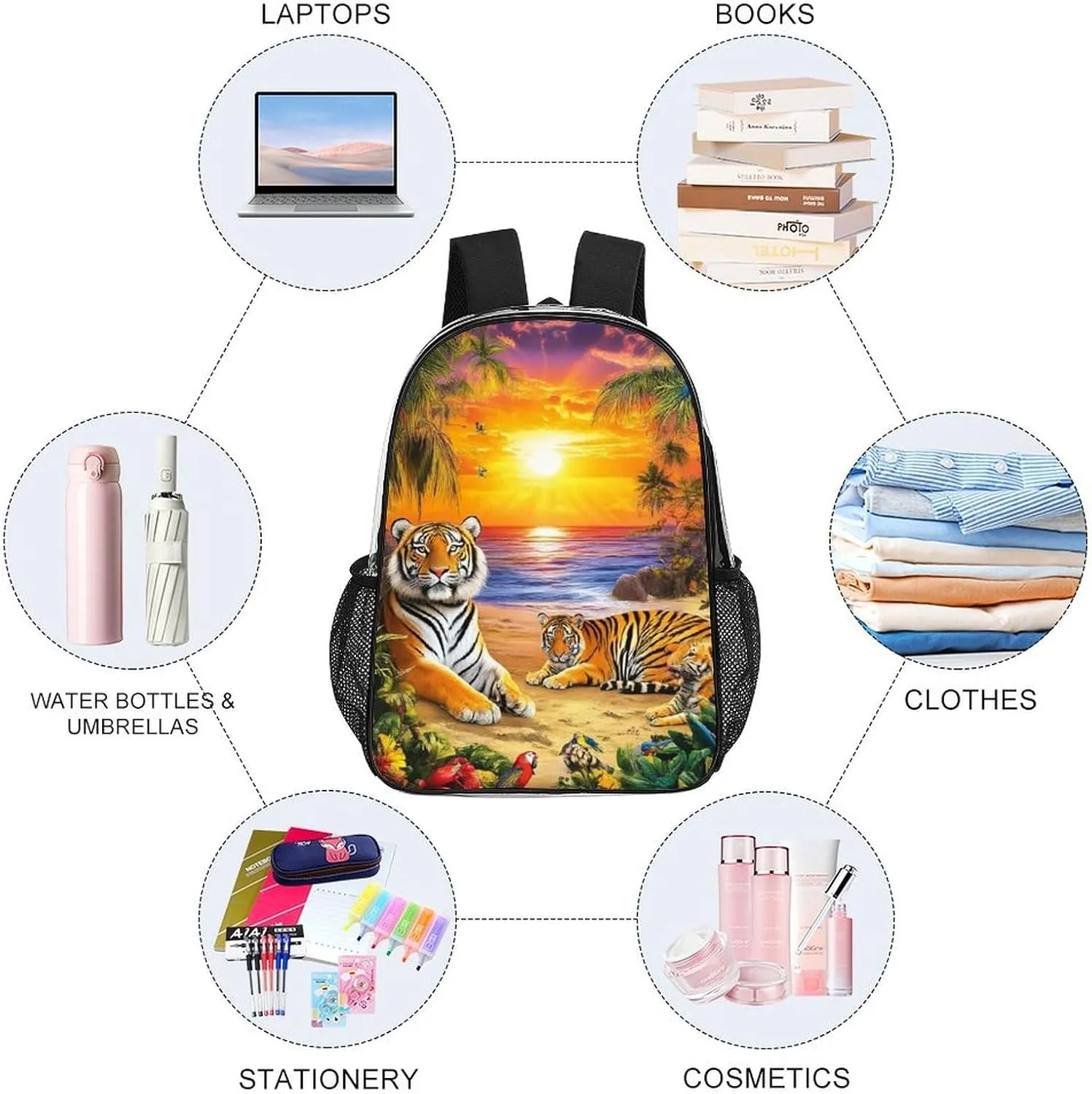 Supdreamc Lightweight Backpack for Gym Travel Bicycle - Big Capacity Multipurpose Transparent Carry On Bag, Tropical Tiger Animal World King Art Travel Hiking Bag & Day Pack