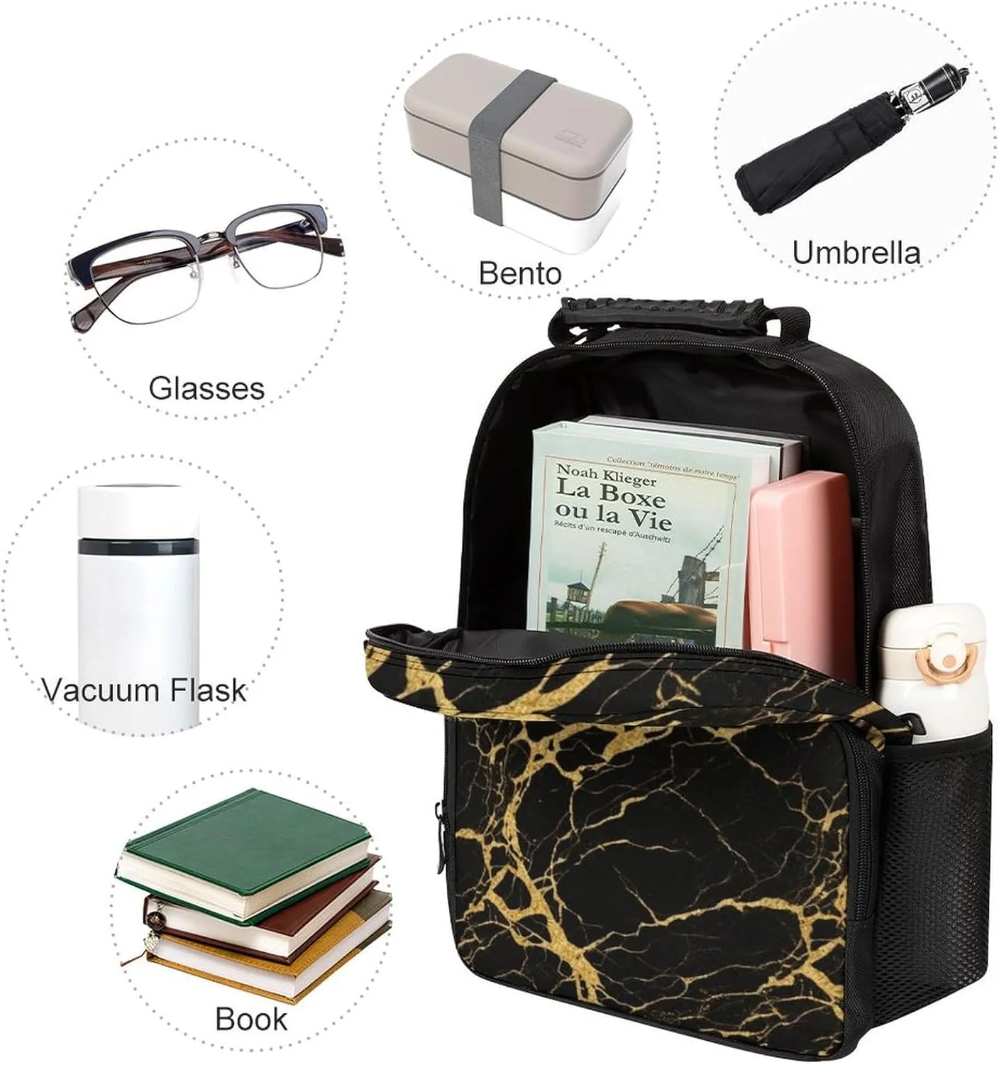 Supdreamc Lightweight Daypack Backpack for Trekking Work Running - Big Capacity Multipurpose Anti-Theft Bookbag, Black Marble Gold Texture Art Business Computer Bag