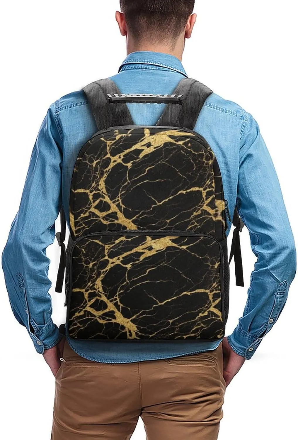 Supdreamc Lightweight Daypack Backpack for Trekking Work Running - Big Capacity Multipurpose Anti-Theft Bookbag, Black Marble Gold Texture Art Business Computer Bag